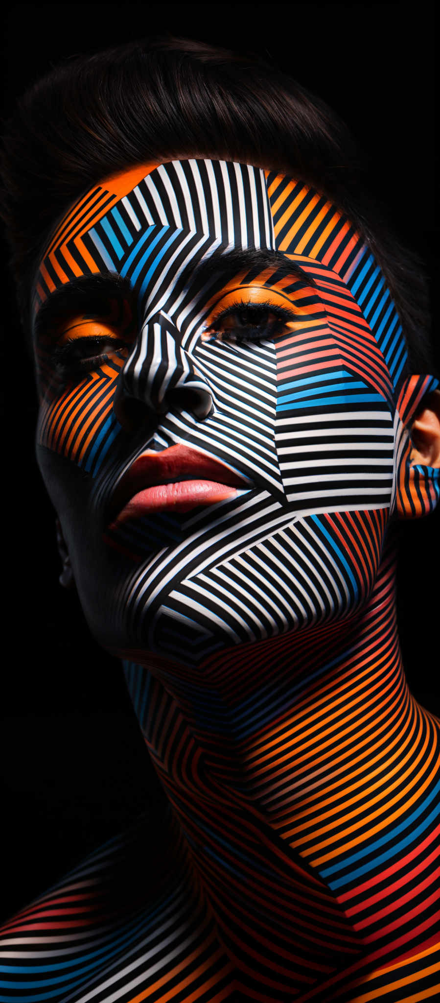 The image showcases a close-up of a person's face and neck, adorned with vibrant and intricate patterns. The patterns consist of bold, black and white lines intertwined in a complex, abstract design. The colors used are a mix of blues, oranges, reds, and blacks, creating a visually striking contrast against the person't skin tone. The design appears to be a form of face and body art, with the lines forming a mesh-like pattern over the skin.