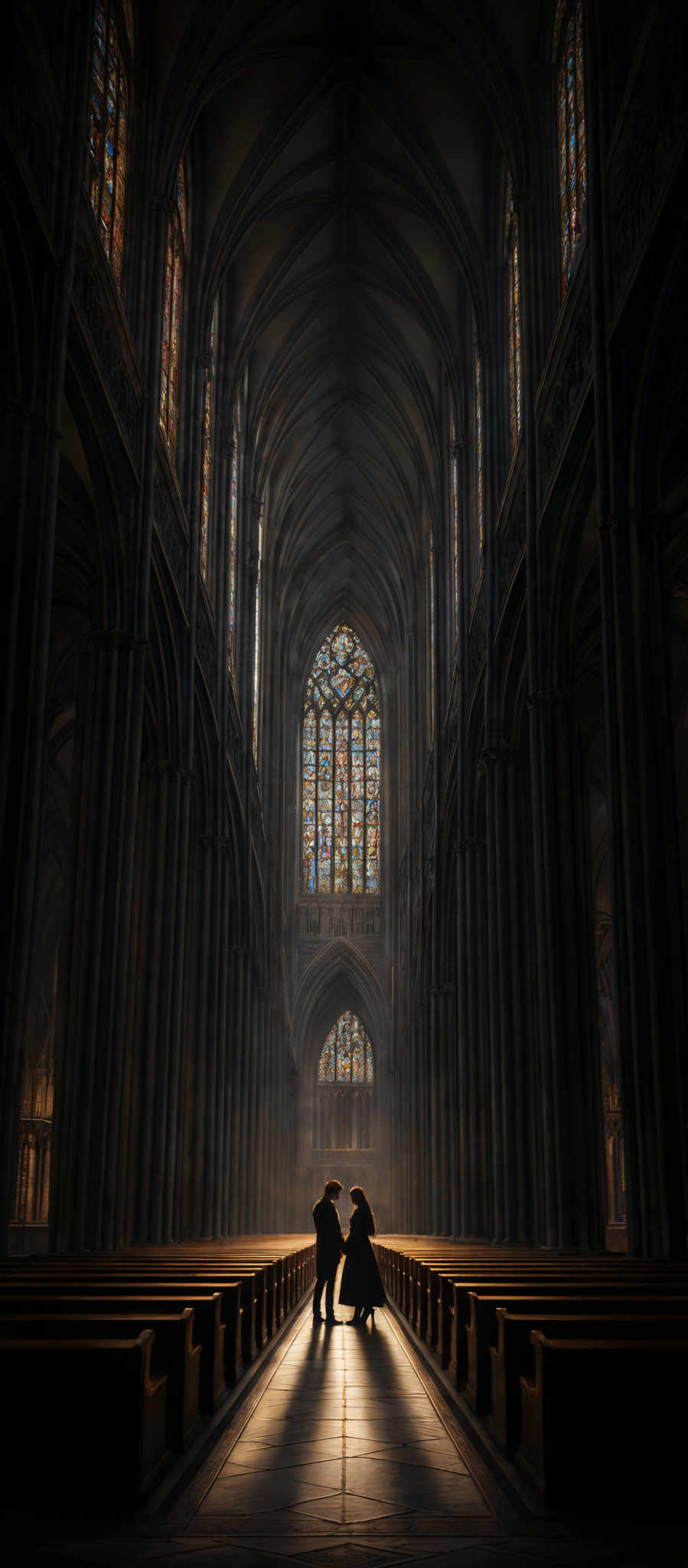 The image showcases a grand, Gothic-style cathedral with tall, pointed arches and ribbed vaults. The primary colors are dark shades of brown and gray, with the exception of the stained glass windows which display a myriad of colors, including blues, reds, yellows, and greens. The central focus is a large, intricate stained-glass window, which is flanked by smaller windows on either side. In the foreground, there are wooden pews lined up on either sides of the central aisle. Two figures, possibly a man and a woman, are seen in the distance, standing near the center of the aisles, casting long shadows on the floor.