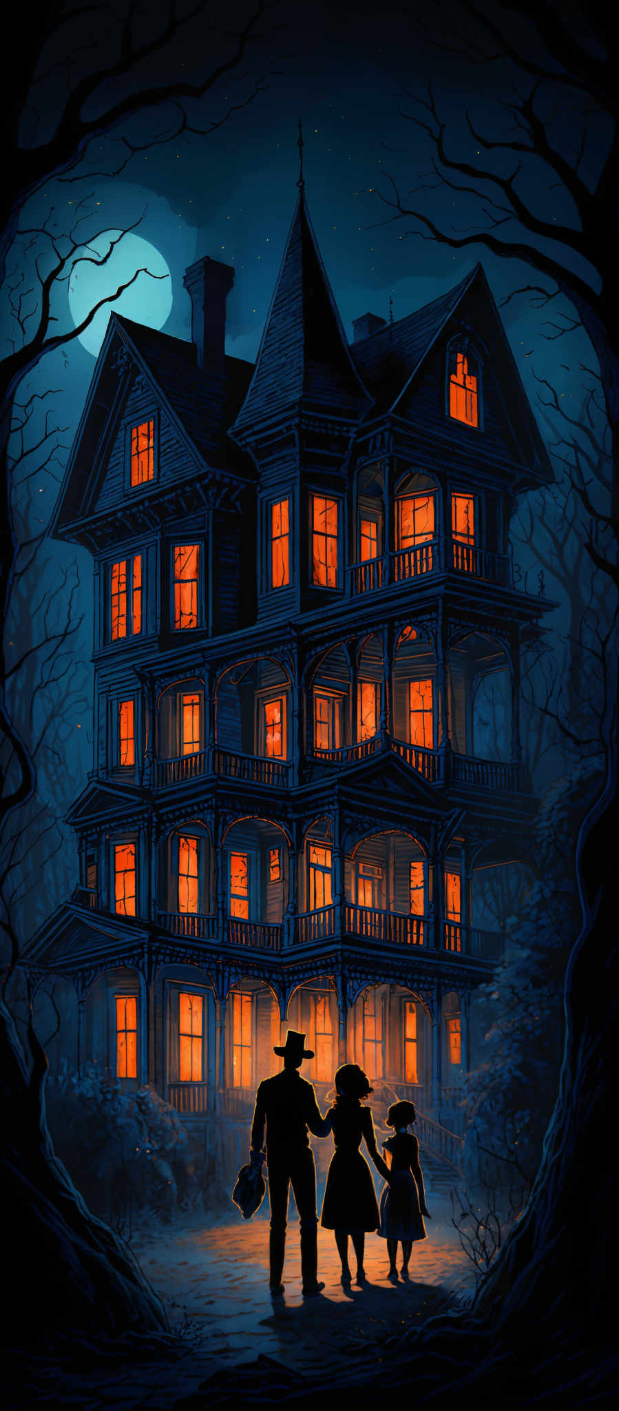 The image predominantly features a deep blue hue, creating a night-time ambiance. The moon, appearing as a large, glowing orb, illuminates the scene. The house is intricately designed with multiple levels, ornate details, and glows warmly from its windows. The silhouette of three figures, possibly a family, stands in the foreground, with two adults and a child, holding hands and looking towards the house. The surrounding area is filled with barren trees, adding to the eerie atmosphere.