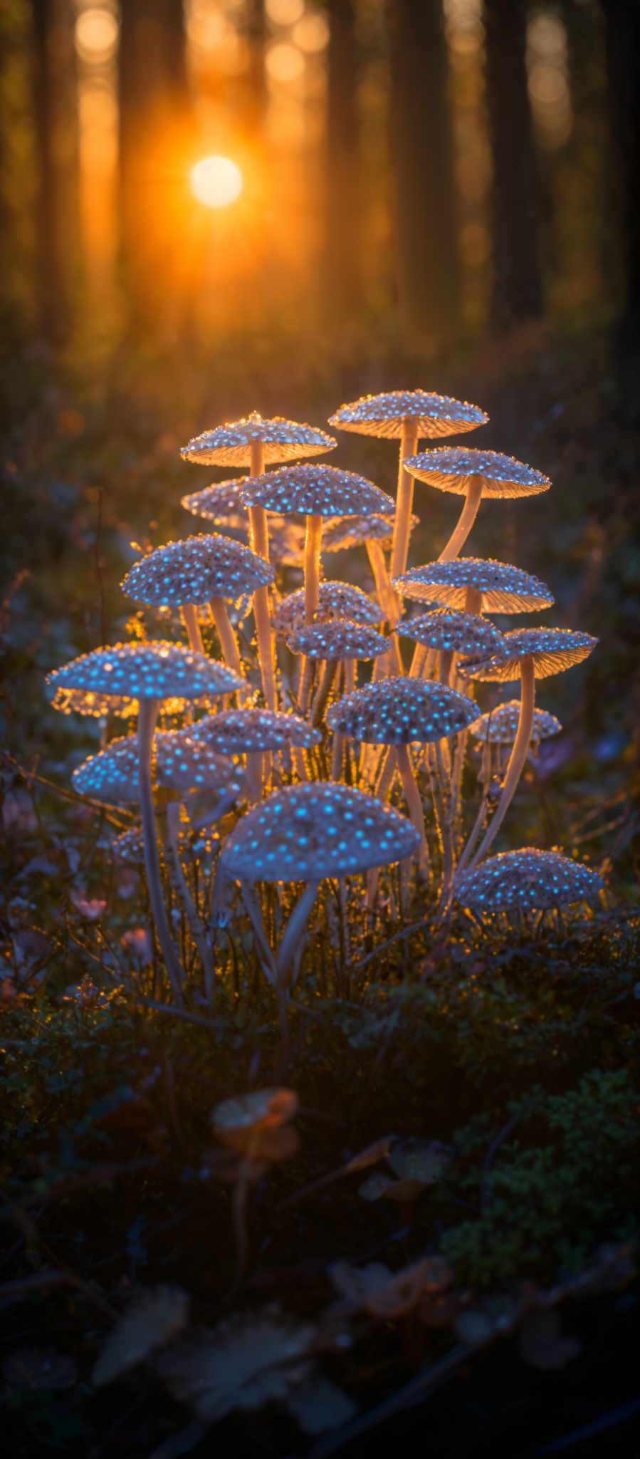 The image showcases a cluster of mushrooms with a unique, umbrella-like shape. They have a translucent, blueish hue with white dots or spots distributed evenly across their caps. The stems of these mushroom are slender and white. The background is a serene forest setting with tall trees, and the sun is seen setting or rising, casting a warm, golden light that illuminates the scene.