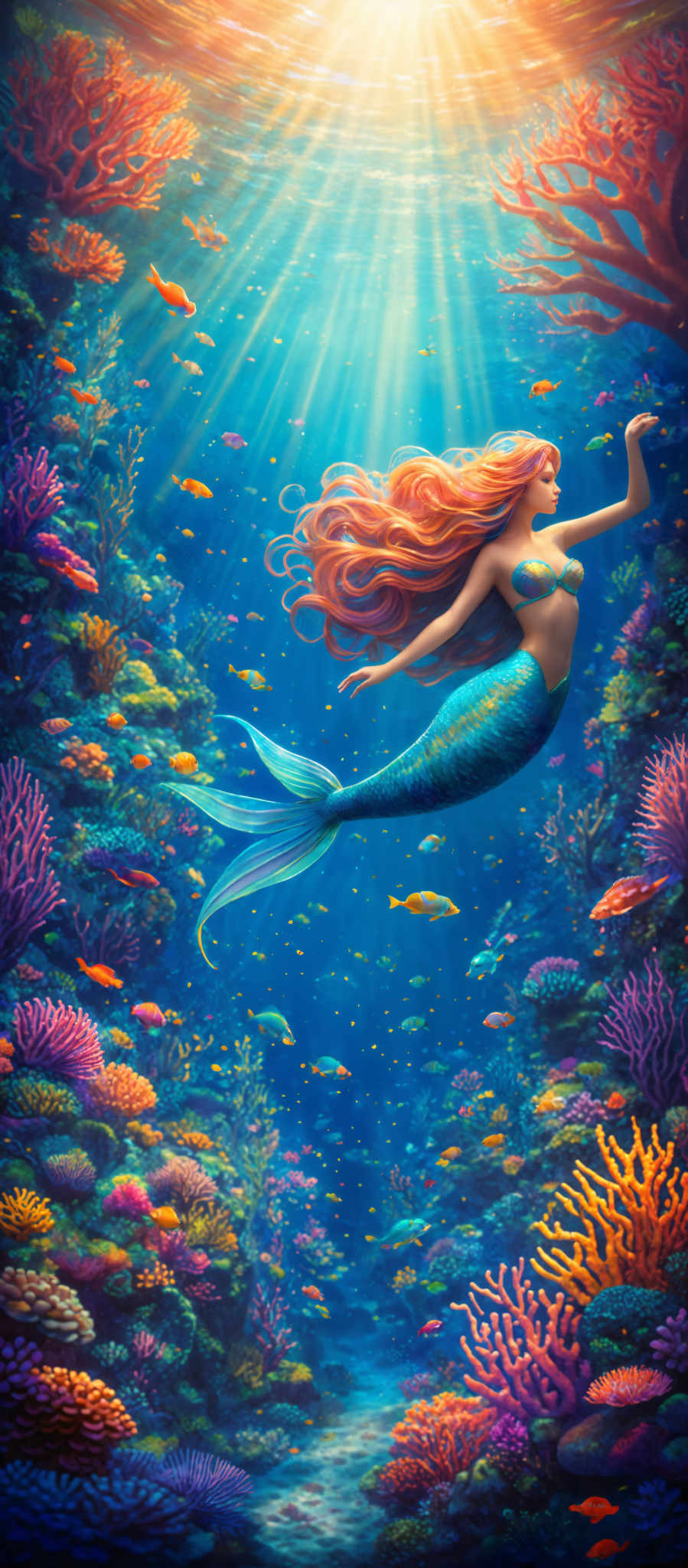 The image showcases a vibrant underwater scene. Dominating the center is a mermaid with flowing red hair and a blue mermaids tail, swimming gracefully amidst a coral reef teeming with colorful fish. The coral formations are diverse, with hues of pink, orange, and purple, and they seem to radiate light, creating a mesmerizing effect. Above the mermaide, rays of sunlight pierce through the water, illuminating the entire scene and adding a magical touch.