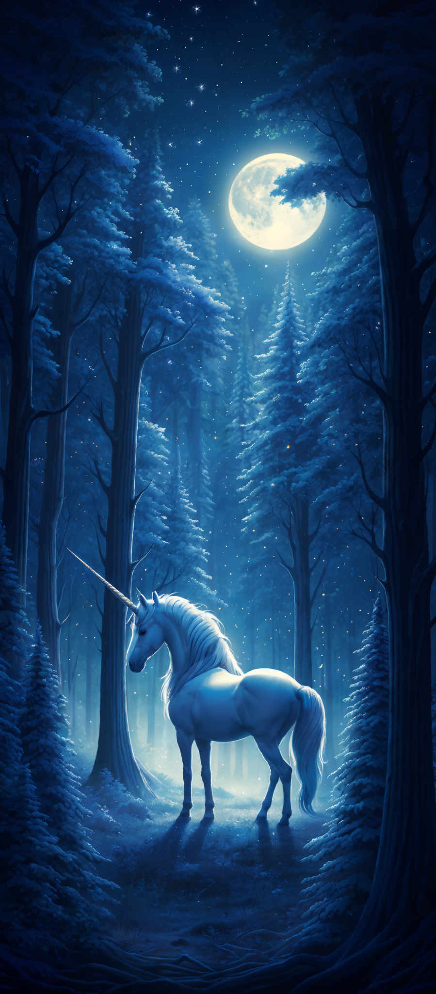 The image showcases a serene nighttime forest scene. The dominant colors are various shades of blue, from deep navy to lighter hues, creating a cool and mystical ambiance. The forest is dense with tall, slender trees, their branches reaching out in different directions. A prominent feature is a unicorn standing in the center of the forest, its luminous white body contrasting with the dark surroundings. The unicorm's horn is long and sharp, pointing upwards. Above the unicornd, a large, glowing moon illuminates the forest with its soft light, casting a gentle glow on the ground and trees. The sky is dotted with stars, adding to the enchanting atmosphere.