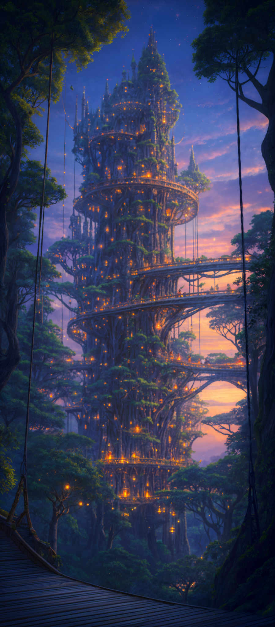 The image showcases a majestic, multi-tiered treehouse or structure built amidst a dense forest. The structure is intricately designed with various platforms, bridges, and walkways. The predominant colors are shades of green from the trees and a warm, golden hue from the lights emanating from the structure. The treehouse is surrounded by towering trees with twisted and intertwined branches. The sky above is painted in hues of purple, blue, and pink, suggesting either dawn or dusk. A wooden bridge with ropes stretches across the foreground, leading to the entrance of the treehouse.