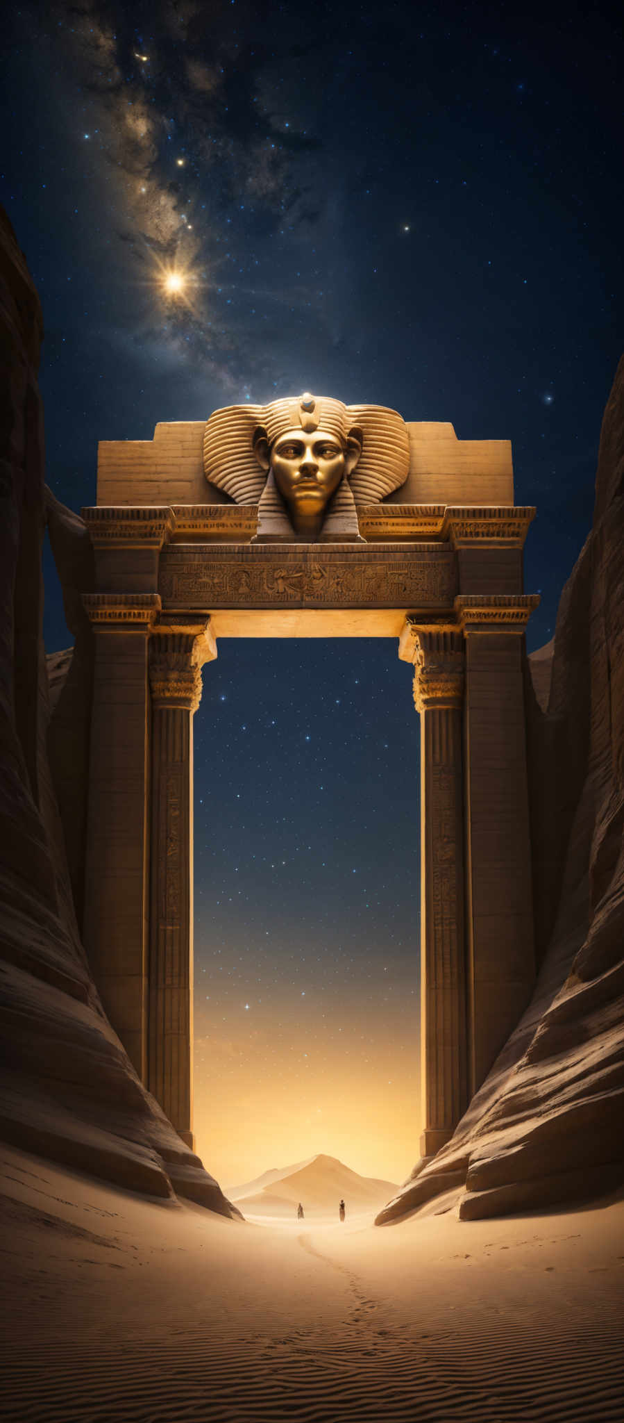 The image showcases a night sky filled with stars and a bright celestial body. The foreground features a large, ornate archway with a sculpture of a face, possibly representing a deity or pharaoh. The archway is flanked by tall pillars, each adorned with hieroglyphs. The ground is sandy and appears to be a desert landscape, with two distant figures walking towards the archway. The overall color palette is dominated by deep blues, golds, and earthy tones.