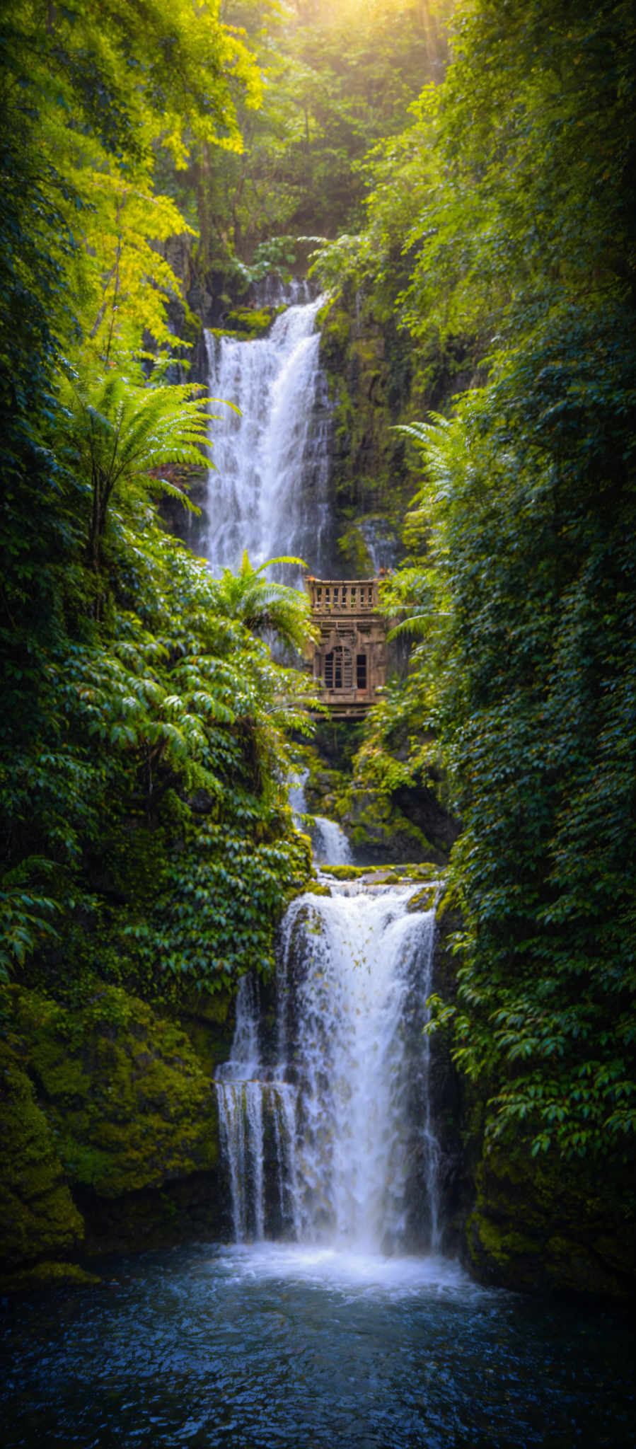 The image showcases a lush, verdant forest with dense green foliage. Dominating the scene is a cascading waterfall that flows down multiple levels, creating a misty ambiance. Nestled amidst the trees, at the base of the waterfall, is a unique structure resembling a traditional temple or pagoda. The structure is ornate, with intricate carvings and a balcony overlooking the water. The water below the falls is a serene blue, reflecting the surrounding greenery. The sunlight filters through the canopy, casting a soft glow and creating a magical atmosphere.