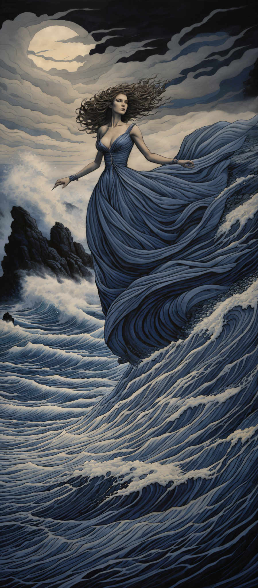 The image showcases a dramatic scene with a woman in a flowing blue dress standing atop a wave. The woman has long, wavy hair that seems to be caught by the wind. The sky is filled with dark clouds, and a pale moon shines through, casting a soft light on the scene. The waves are depicted in intricate detail, with their swirling patterns and white foam. In the background, there are rocky outcrops emerging from the sea, and the overall color palette is dominated by shades of blue, gray, and white.