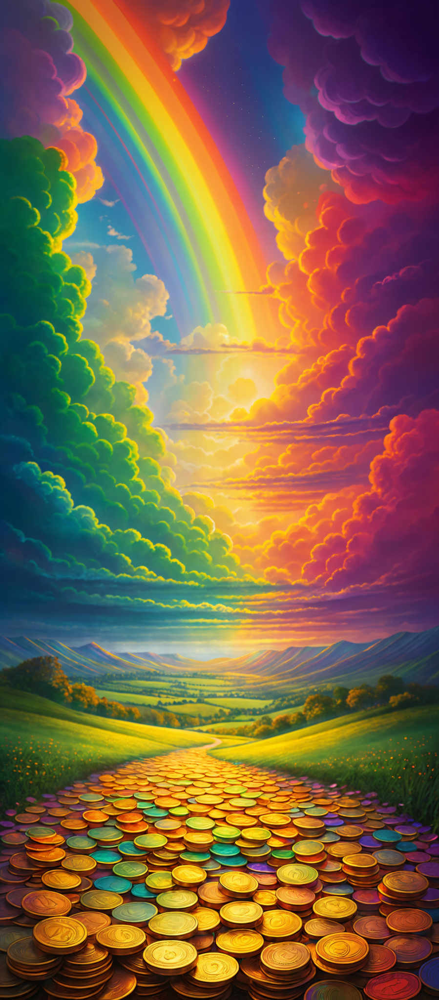 The image showcases a vibrant and colorful landscape. At the top, there's a dramatic sky with a multitude of colors ranging from deep purples and blues to bright oranges, yellows, and reds. A radiant rainbow arcs across the sky, connecting the vivid colors. Below the sky is a vast expanse of clouds, some of which are dark and others illuminated by the sun's rays. The landscape below consists of rolling hills and valleys, with a pathway made up of multi-colored coins leading towards the horizon. The coins are arranged in a pattern that forms a continuous road. The fields surrounding the pathway are lush green, dotted with small yellow flowers.