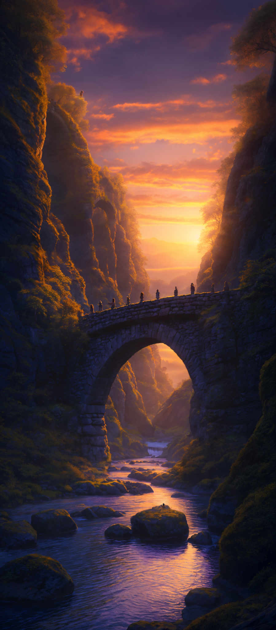 The image showcases a breathtaking landscape during sunset. The sky is painted with hues of orange, pink, and purple, with the sun setting behind a mountain range. The sunlight casts a warm glow on the surrounding cliffs and trees. In the foreground, there's a stone bridge arching over a serene river, with several figures walking on it. The river has a gentle flow, with its waters reflecting the colors of the sky. The surrounding area is lush with greenery, including trees and moss-covered rocks.