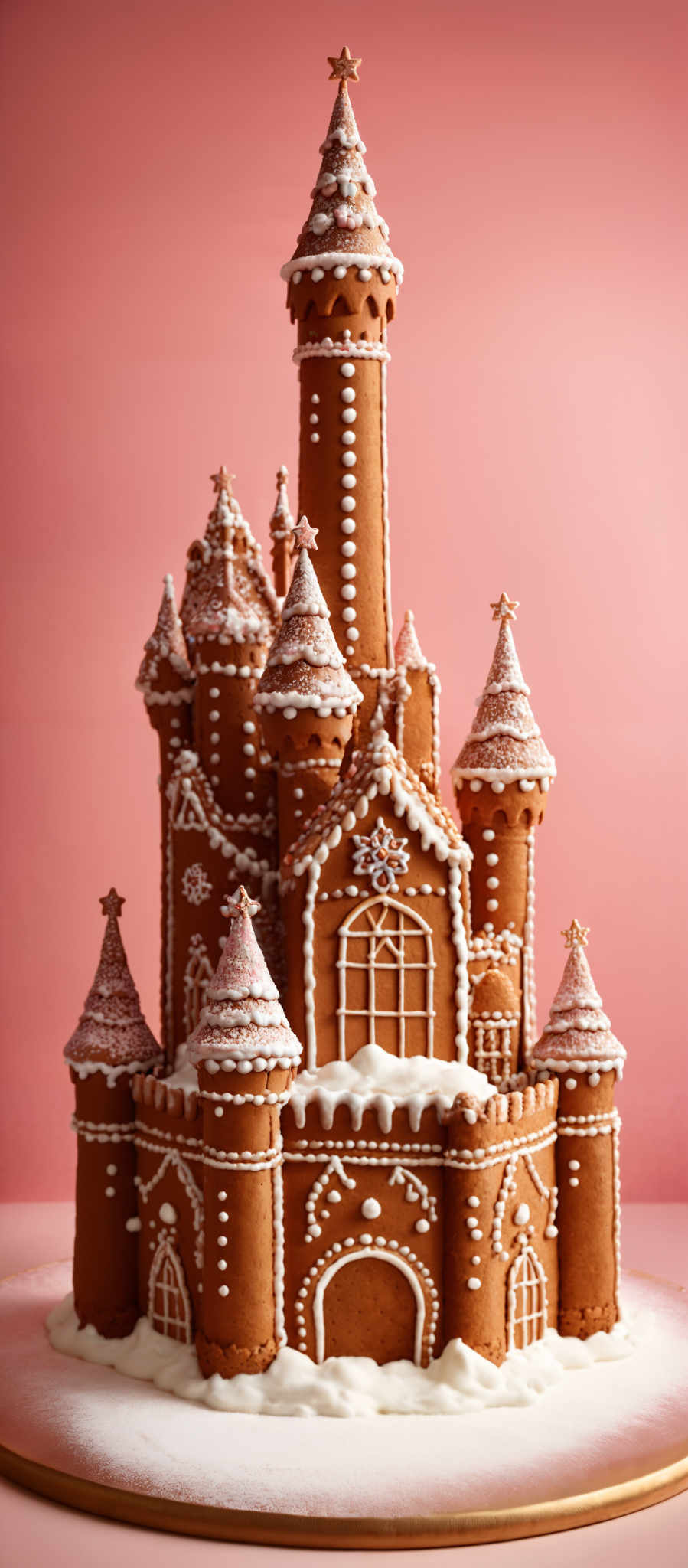 The image showcases a meticulously crafted gingerbread castle. The castle is predominantly brown, resembling the color of ginger bread, and is adorned with white icing and decorations. The structure has multiple towers, each with a pointed roof. The walls of the castle are decorated with intricate patterns, and there are windows with white frames. The base of the structure appears to be covered in white icING, giving it a snowy appearance. The entire castle is placed on a golden circular base.