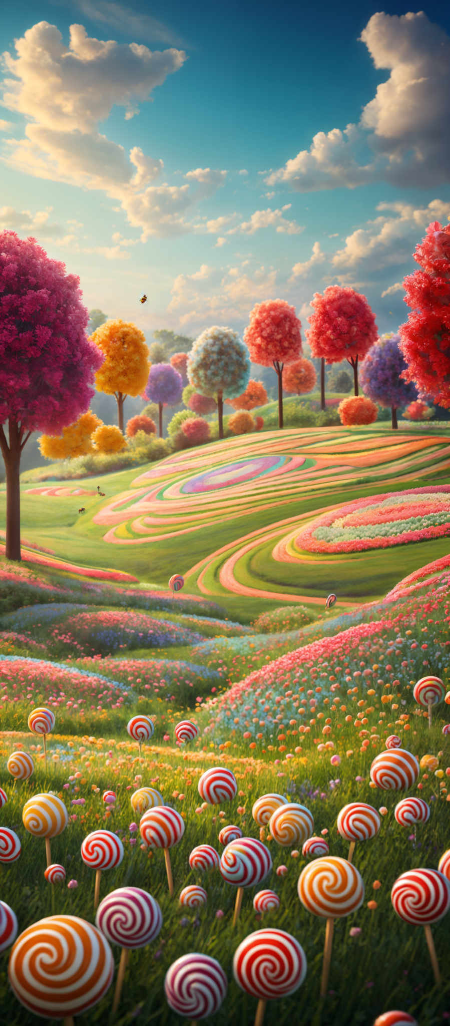 The image showcases a vibrant and whimsical landscape. The foreground is dominated by a field of colorful lollipops, each with a swirling pattern of red and white stripes. These lollies are set against a backdrop of a lush green meadow dotted with small flowers. Beyond the meadow, there are trees with vividly colored blossoms in shades of pink, orange, and purple. The sky overhead is a clear blue with fluffy white clouds, and a few birds can be seen soaring. The overall ambiance of the image is one of fantasy and joy.