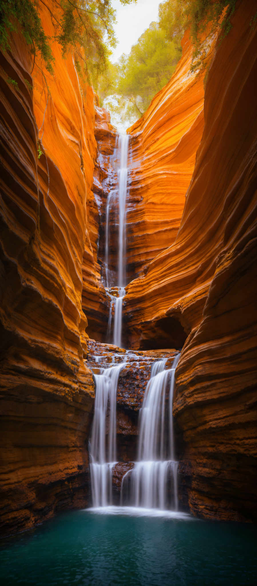 The image showcases a breathtaking natural scene. The dominant colors are warm hues of orange and brown, which are the colors of the rock formations. These rock formulations have a layered appearance, suggesting years of erosion and sediment deposition. The shape is wavy and curved, with the rock walls appearing as if they've been carved out by water over time. At the center of the image, there's a cascading waterfall that flows down the rock face, creating a serene pool below. The top of the waterfall is surrounded by lush green trees, indicating a possible oasis or a rare spot where vegetation thrives amidst the arid environment.