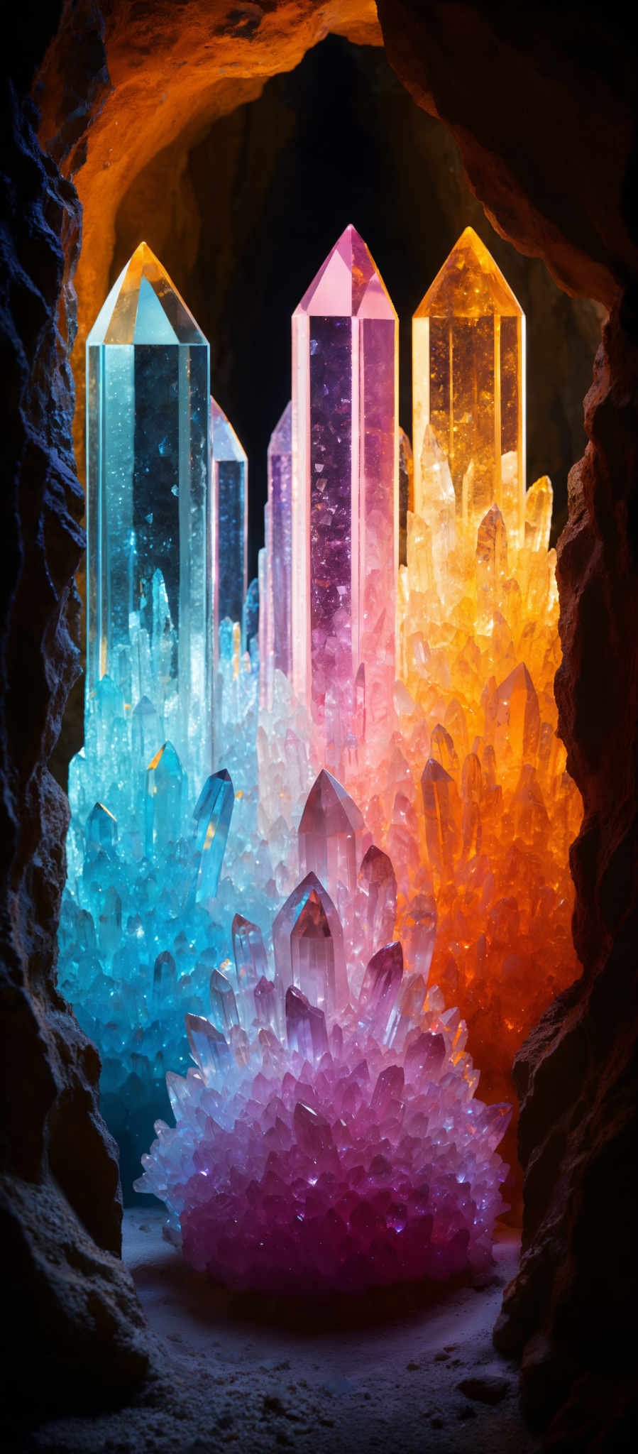 The image showcases a series of crystals that are illuminated from behind, casting a vibrant glow. The crystalline structures are tall and slender, with a pointed tip. They exhibit a spectrum of colors, including shades of blue, pink, and orange. The blue crystalls are translucent and appear to have a cooler hue, while the pink and orange ones are more opaque and radiate a warm glow, almost resembling a sunset. The background is a rocky cave setting, which contrasts with the luminosity of the crystels.