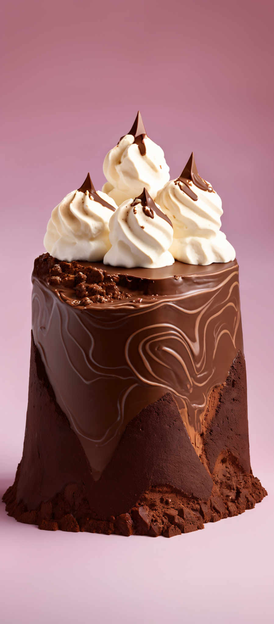 The image showcases a delectable dessert. It has a cylindrical shape with a rich chocolate exterior. The top of the dessert is adorned with three swirls of creamy white whipped cream, each topped with a chocolatier's hat. The chocate exterior has intricate patterns, resembling marbling, and there are chococolate shavings scattered around the base. The background is a soft pink, which contrasts beautifully with the rich brown and white colors of the cake.