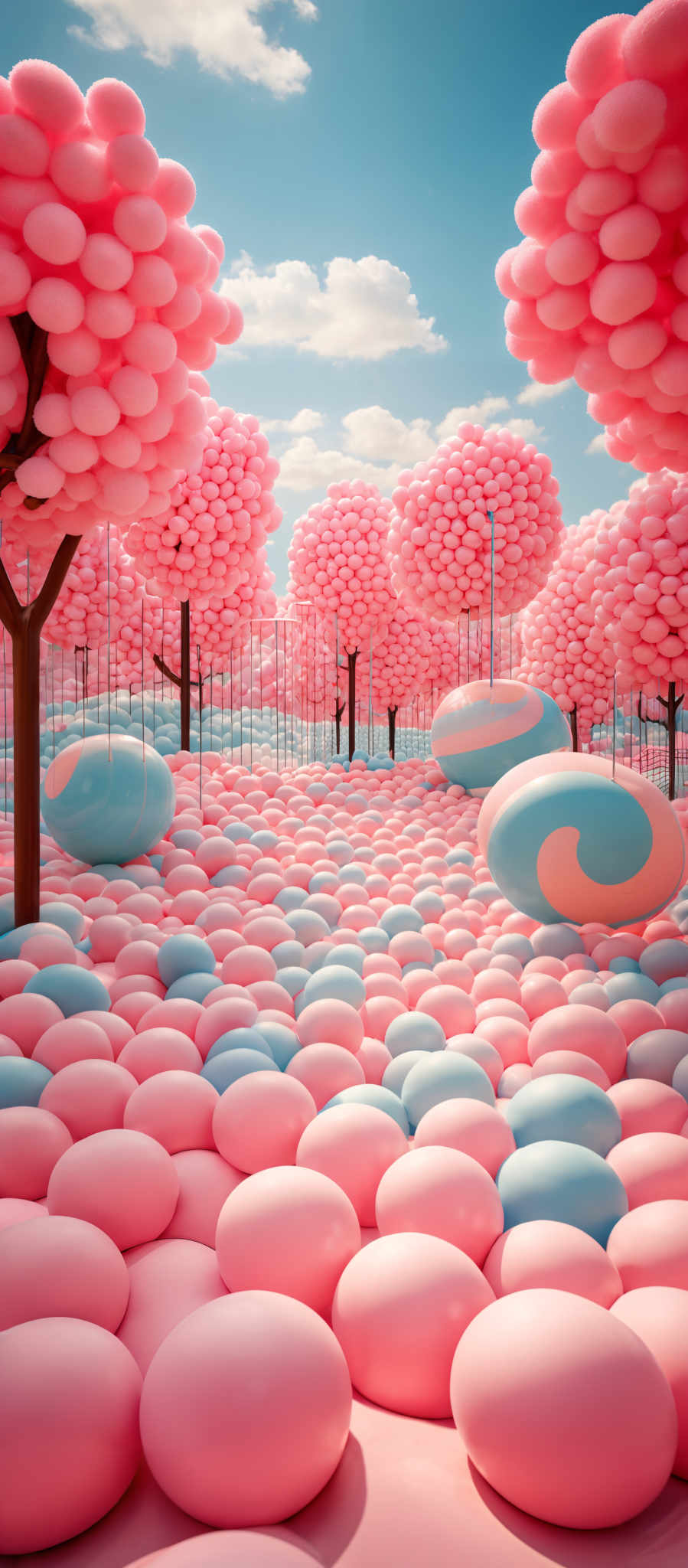 The image showcases a vibrant and whimsical landscape dominated by large, round, pink balloons. These balloon trees have a dense cluster of pink spheres, giving them a bubbly and fluffy appearance. The ground is covered in an endless sea of these pink and light blue spheres. Interspersed among the trees are larger, oval-shaped ballooms in shades of light blue and pink, with swirling patterns. The sky above is clear with a few fluffies, suggesting a bright and sunny day.