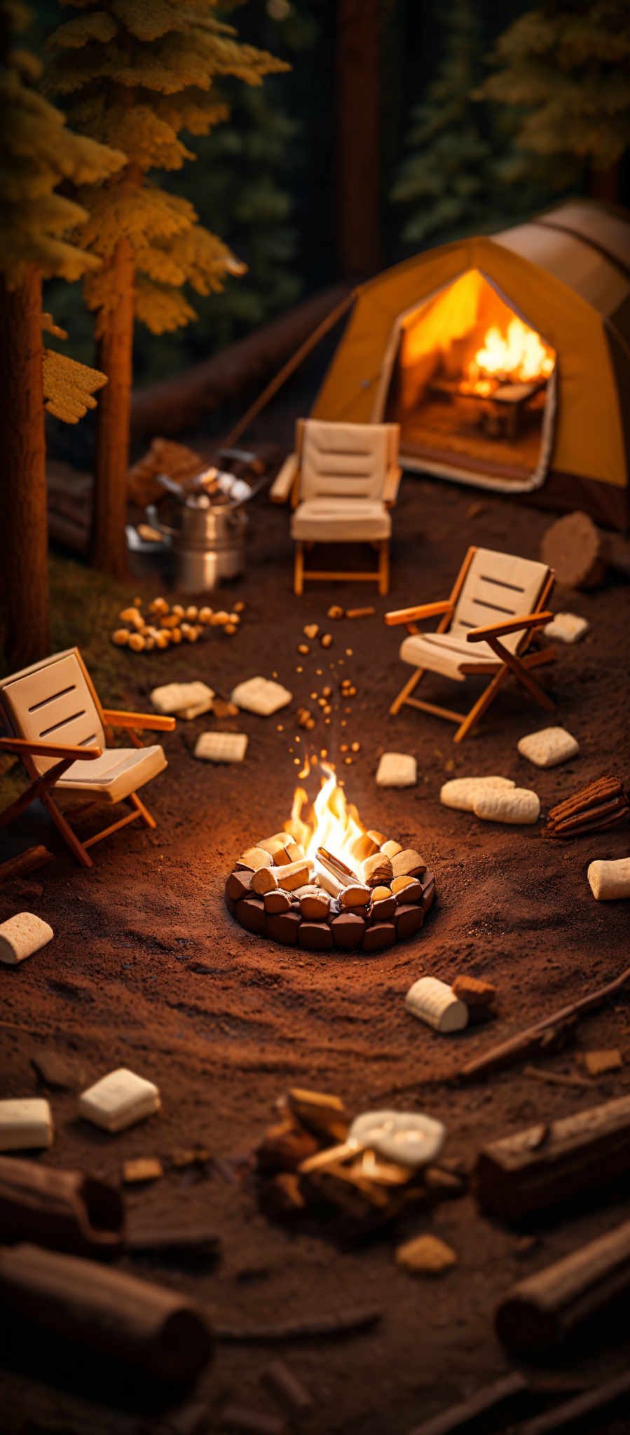 The image showcases a miniature camping scene. The dominant colors are earthy tones like browns and greens. The scene features a tent with a glowing fire inside, surrounded by logs. There are two foldable chairs placed nearby, and a campfire with marshmallows scattered around it. The background consists of tall trees, and the entire setting is illuminated by the warm light of the fire.