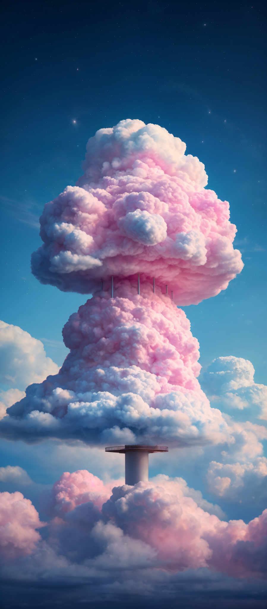 The image showcases a large, fluffy pink cloud that appears to be in the shape of a mushroom. This cloud is situated atop a tall, cylindrical pillar or tower. The pillar is surrounded by smaller clouds and is situated amidst a vast expanse of blue sky dotted with stars. The overall ambiance of the image is serene and dreamy.