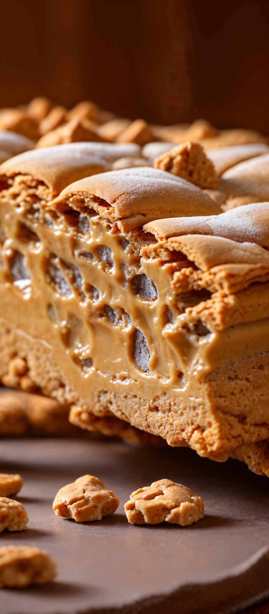 The image showcases a layered dessert, possibly a cake or a pastry. The layers are golden brown, suggesting they might be made of puff pastry or a similar dough. The dessert appears to have a creamy filling, which is a rich shade of tan or light brown. The creamy layer has a honeycomb or lattice pattern, indicating it might be caramelized or filled with a liquid that has set. The top of the dessert is dusted with a light powder, possibly sugar, giving it a slightly frosted appearance. In the foreground, there are small, round, golden-brown objects, which could be pieces of the same dessert or a complementary accompaniment.