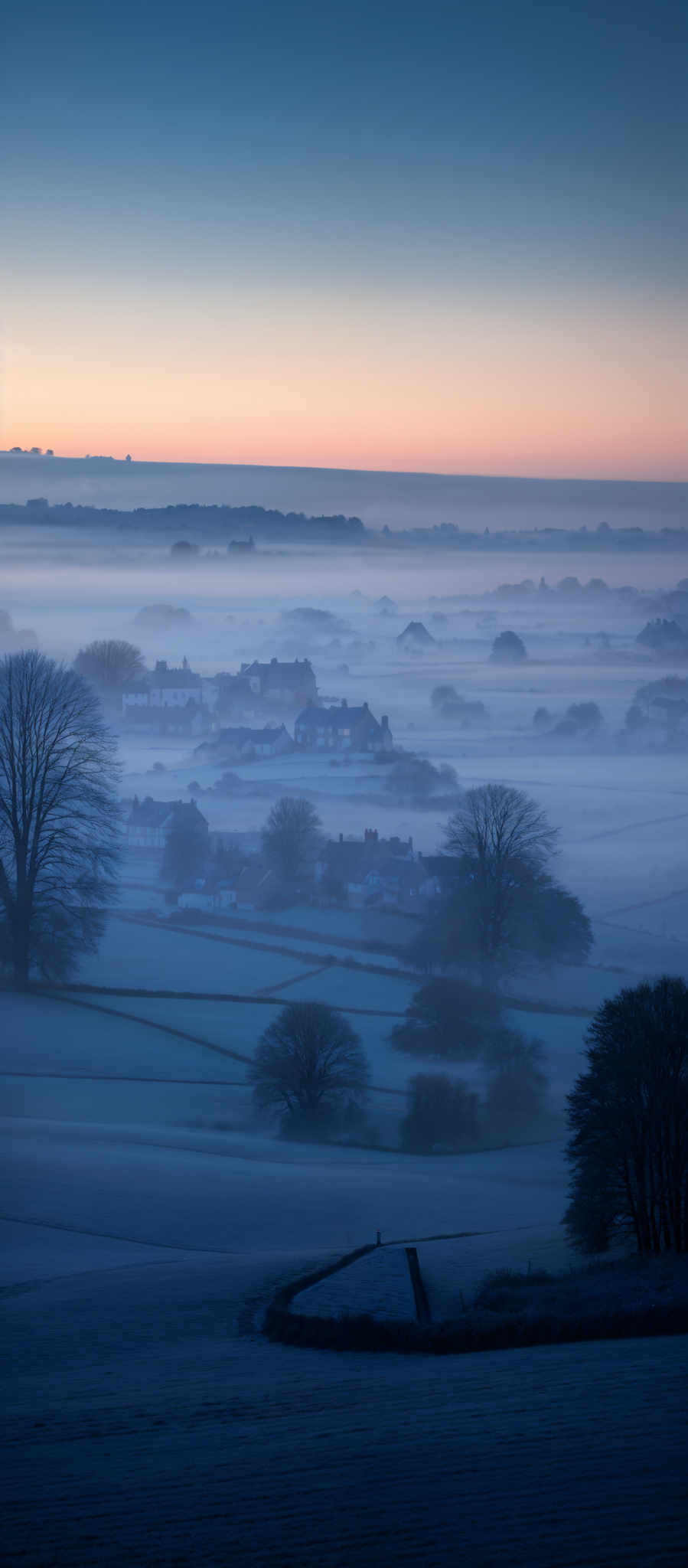 The image showcases a serene landscape during what appears to be early morning or late evening. The sky is painted with hues of blue, transitioning to a soft orange near the horizon. Below, a blanket of mist or fog envelops the valley, creating a dreamy atmosphere. The mist reveals a series of houses, possibly a small village, nestled amidst fields. The fields are covered in a thin layer of frost or dew, reflecting the soft light. In the foreground, there's a large tree, its branches devoid of leaves, standing tall against the misty backdrop. The entire scene exudes a sense of tranquility and natural beauty.