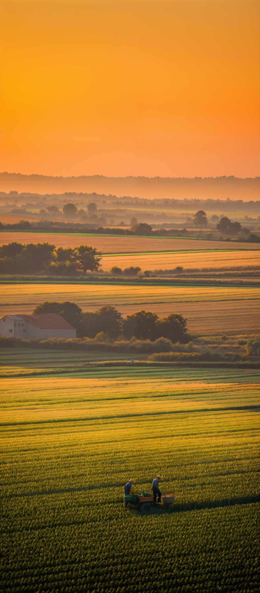 The image showcases a vast landscape during what appears to be sunset or sunrise. The sky is painted in hues of orange, yellow, and a hint of blue. The horizon is lined with distant trees and a few structures, possibly houses or barns. The foreground is dominated by a vast field of crops, which are uniformly green. Two individuals can be seen working in the field, surrounded by the crops. The overall scene exudes a serene and peaceful ambiance, capturing the essence of rural life.