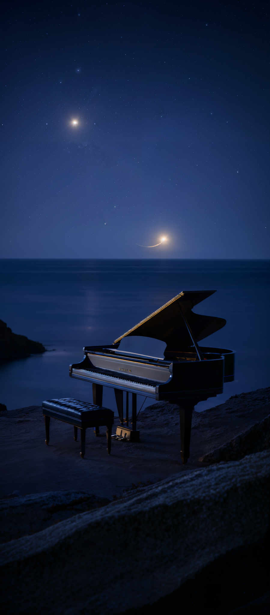 The image showcases a serene nighttime scene by the sea. The dominant colors are deep blues and blacks, representing the night sky and the ocean. The moon is visible, casting a soft glow on the water. The sky is dotted with stars, and there's a bright celestial body, possibly a planet or a bright star, shining brightly. In the foreground, there'a grand piano placed on a rocky outcrop, facing the sea, with a small bench beside it. The piano appears to be outdoors, suggesting a spontaneous or artistic setting.