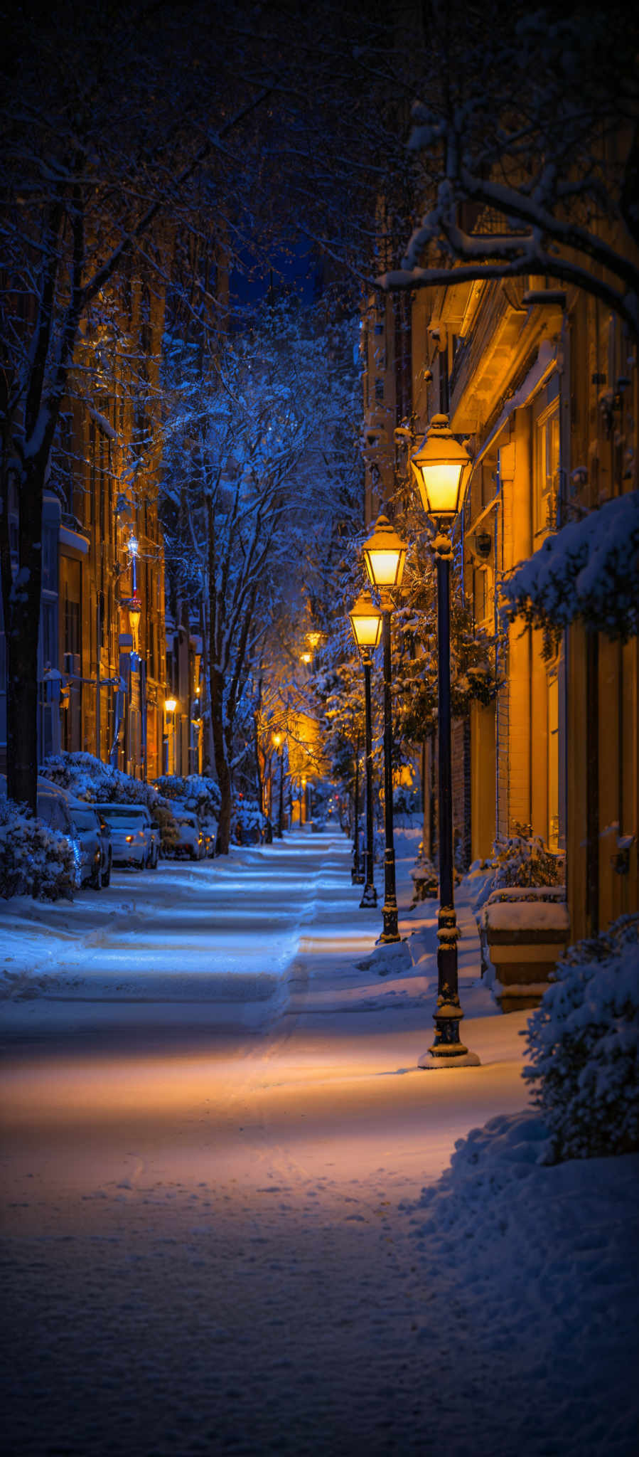 The image showcases a serene winter scene during the evening or night. The dominant colors are shades of blue, white, and warm yellow. The trees are covered in a blanket of snow, and their branches are laden with it. The street is also blanketed in snow, with a few footprints visible. On the left side of the image, there are buildings with lit windows, and lampposts line the street, casting a warm glow. The lamplights reflect off the snow, creating a beautiful contrast. The overall ambiance is calm, peaceful, and inviting.