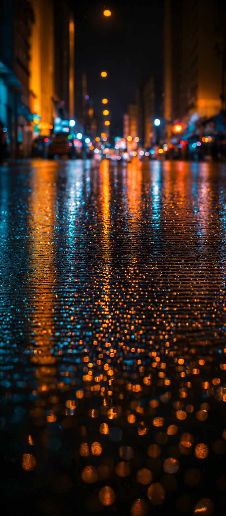 The image showcases a vibrant urban scene at night. The ground is wet, reflecting a myriad of colors from the surrounding lights. The predominant colors are shades of blue, orange, and yellow, emanating from the streetlights, car headlights and other illuminated structures. The scene is further enhanced by the blurred effect, emphasizing the reflections on the wet ground. The shapes are predominantly rectangular, representing buildings and street structures, while the circular reflections from the lights add a dynamic touch to the composition.