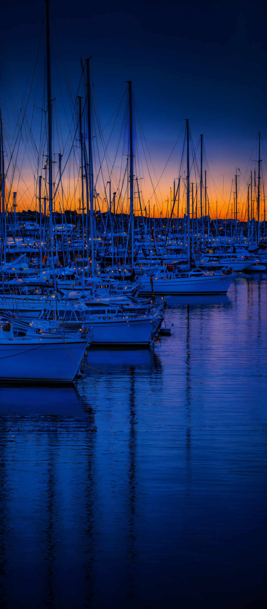 The image showcases a serene marina during twilight. The dominant colors are deep blues and purples, reflecting the night setting. The marina is filled with sailboats, each anchored and aligned in a row. The masts of the boats rise high, creating a contrast against the darkening sky. The calm waters of the marina reflect the boats and the vibrant hues of the sunset, which are a mix of orange and pink. The overall ambiance is tranquil and picturesque.