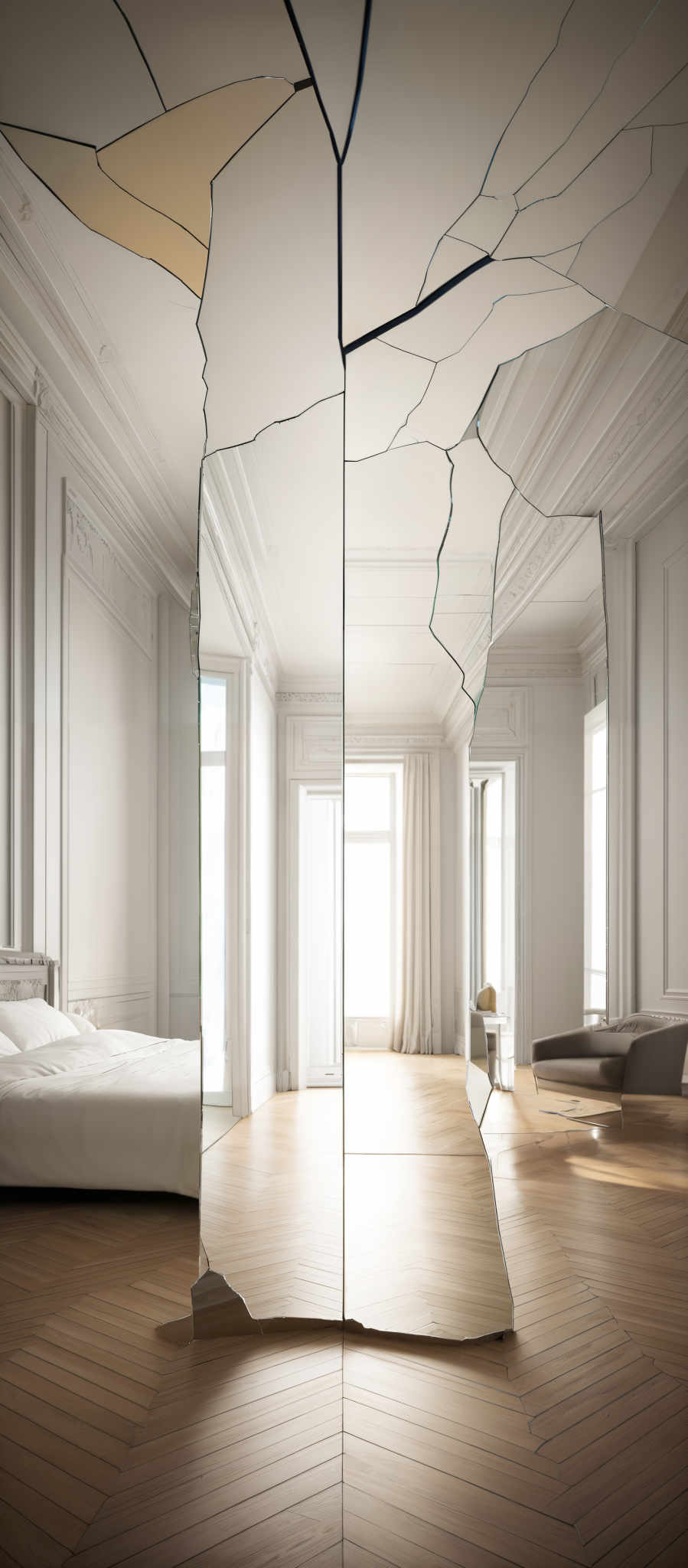 The image showcases a room with a dominant white color palette. The room features a unique design with fragmented mirrors that create an abstract pattern on the ceiling. These mirror fragments are irregularly shaped and have a reflective surface. The floor is made of wooden planks arranged in a herringbone pattern. The walls are adorned with classic moldings and there's a large window on one side, allowing natural light to flood the room. The furniture includes a bed with white linens and a modern-looking chair near the window.