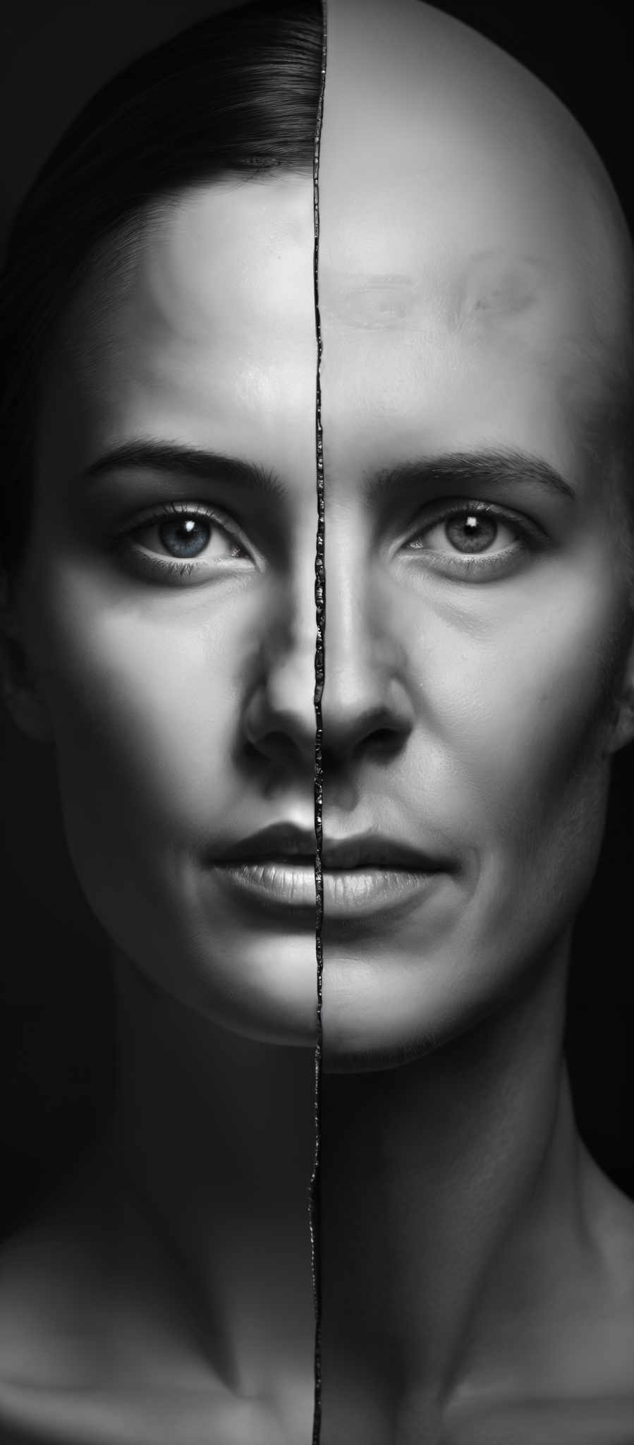 The image is in black and white, showcasing a split view of a man and a woman's faces. The man's face is on the left side, while the woman' face is displayed on the right side. Both faces are captured in high detail, highlighting features like eyes, nose, and lips. A thin, dark line runs vertically down the center of the image, separating the two faces, creating an effect of them being split apart.