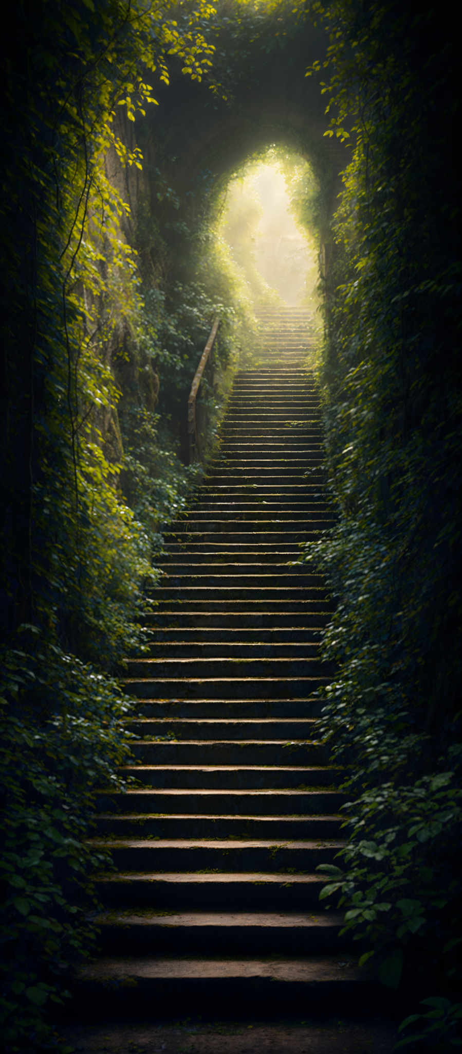 The image showcases a staircase that is enveloped by lush greenery. The stairs are made of stone and are worn out, with moss growing on them. The surrounding vegetation is dense, with various shades of green from the leaves. Above the stairs, there's a natural archway formed by the overgrown branches and leaves, allowing a soft light to filter through. The overall ambiance of the image is serene and mysterious, evoking a sense of exploration and wonder.