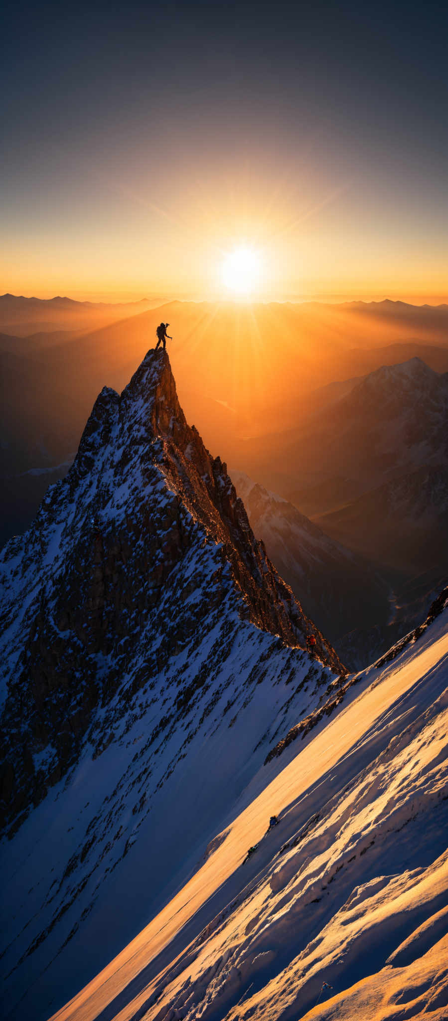 The image showcases a breathtaking view of a mountain peak during sunset. The sky is painted with hues of orange, yellow, and blue, with the sun positioned near the horizon, casting a golden glow. The mountain peak is sharp and rugged, covered in snow. At the top of the peak, there's a silhouette of a person, possibly a climber, standing and taking in the view. The surrounding landscape is vast, with layers of mountains fading into the distance. The snow-covered slopes reflect the sunlight, creating a shimmering effect.