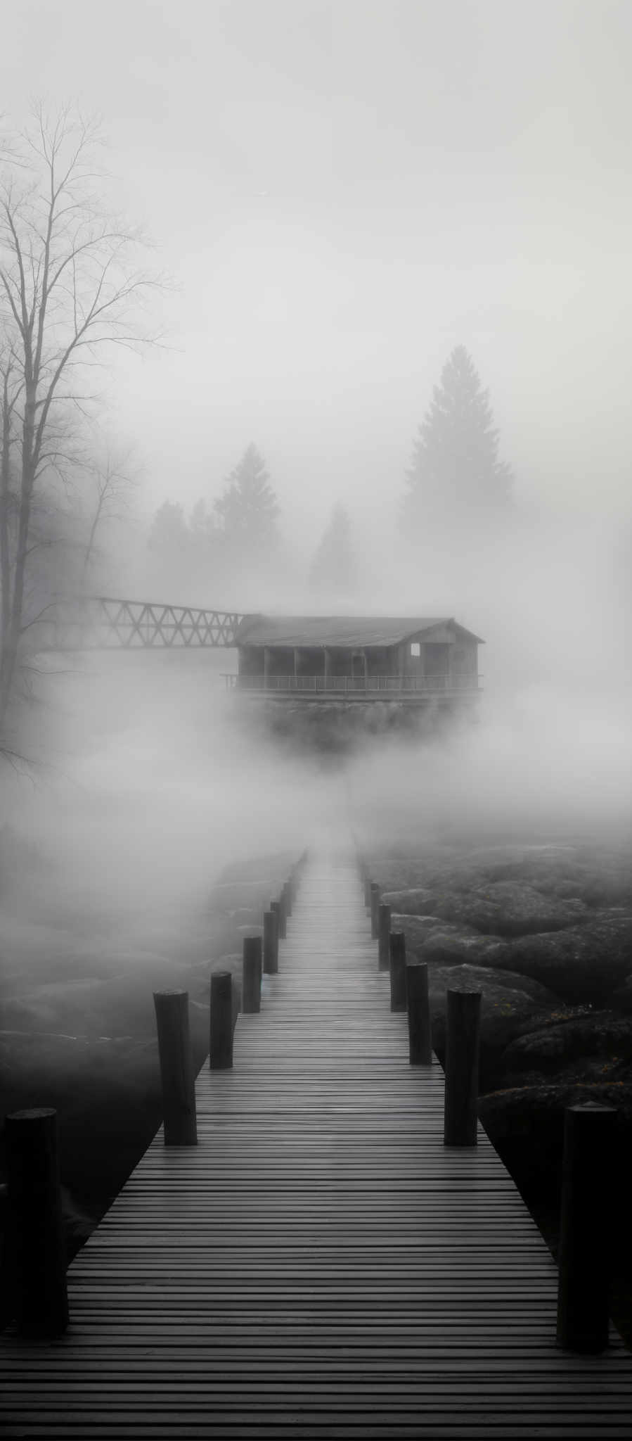 The image is in black and white, giving it a monochromatic appearance. The primary colors are shades of gray, ranging from light to dark. The shape is predominantly rectangular, with a wooden pathway leading to a structure that appears to be a house or cabin. The pathway is made of wooden planks and is flanked by wooden posts on both sides. On the left side of the pathway, there's a bare tree, and on the right, there are some trees, possibly evergreens, partially obscured by the mist. The background is filled with a thick fog, making the trees and the structure appear as silhouettes.