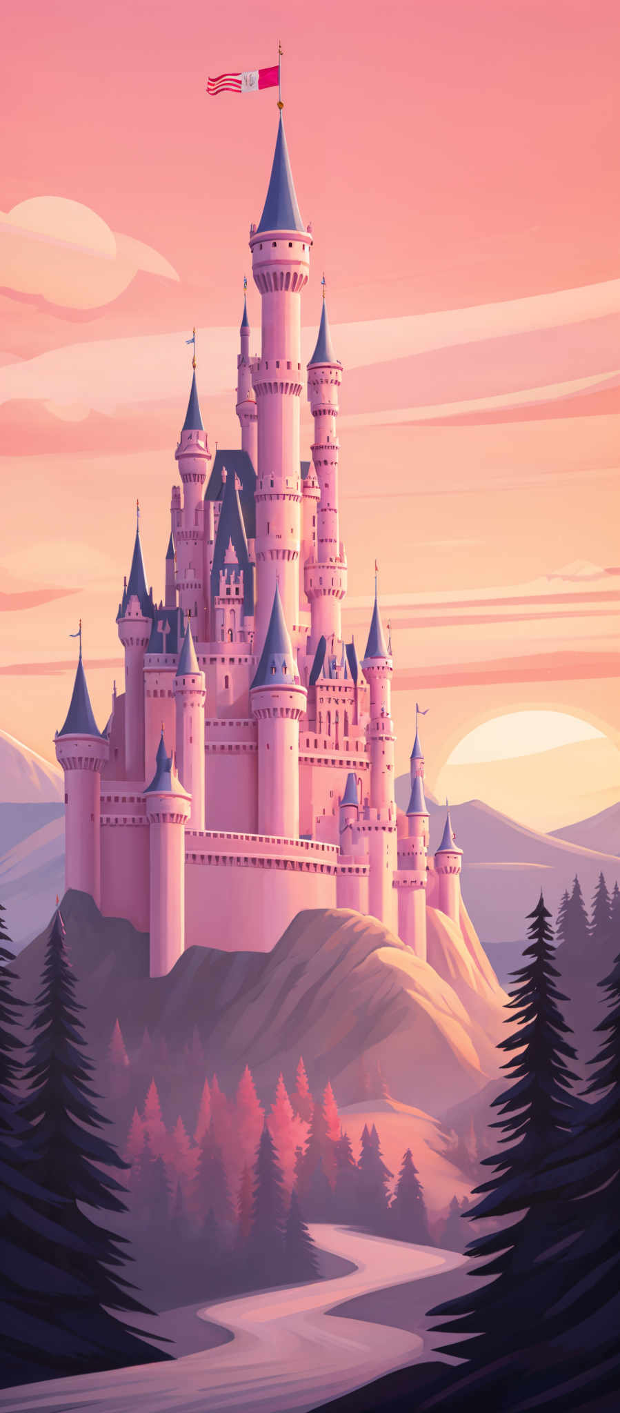 The image showcases a majestic castle set against a backdrop of a vibrant sunset. The castle is predominantly pink and white, with multiple turrets and spires. The sky is painted in hues of pink, orange, and purple, with fluffy clouds scattered around. The landscape features a winding river or stream that flows through a forested area with trees displaying autumnal colors. The flag on the castle's highest tower is red with a white emblem.