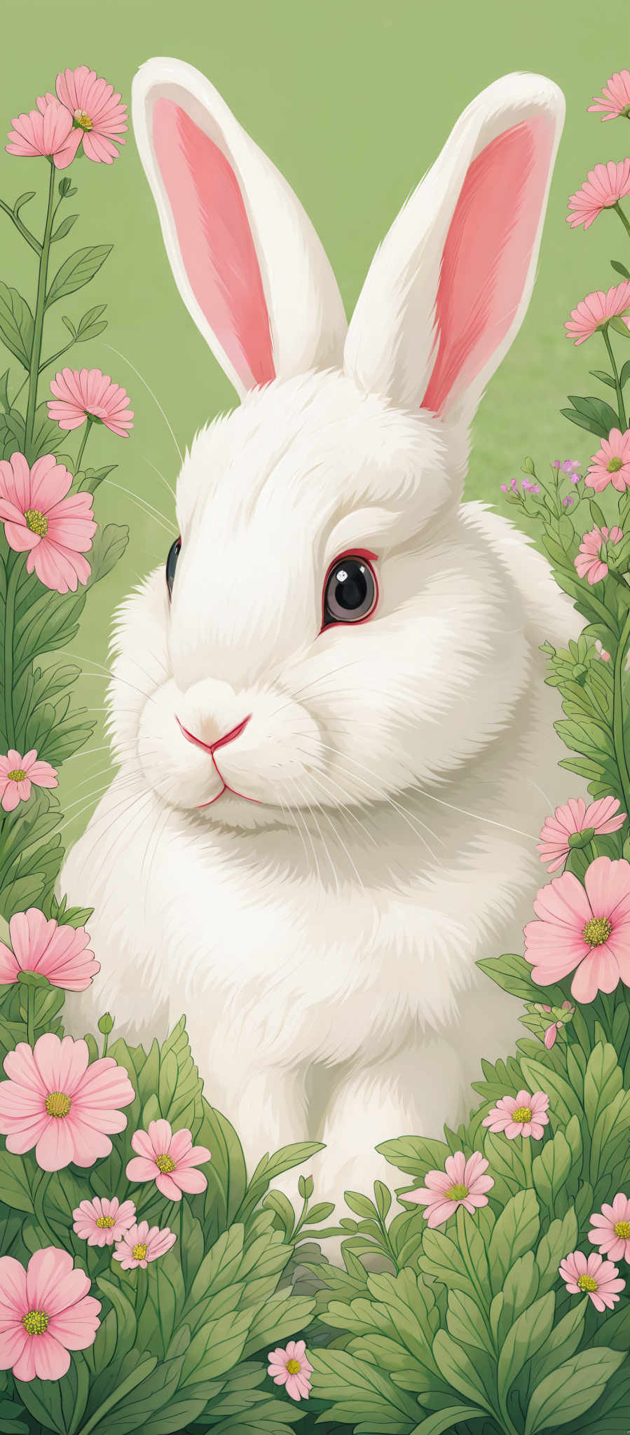 The image showcases a white bunny with pink ears and a pink nose. The bunney's eyes are large and black. It is surrounded by green foliage and pink flowers. The background is a soft green, giving a serene and natural ambiance.