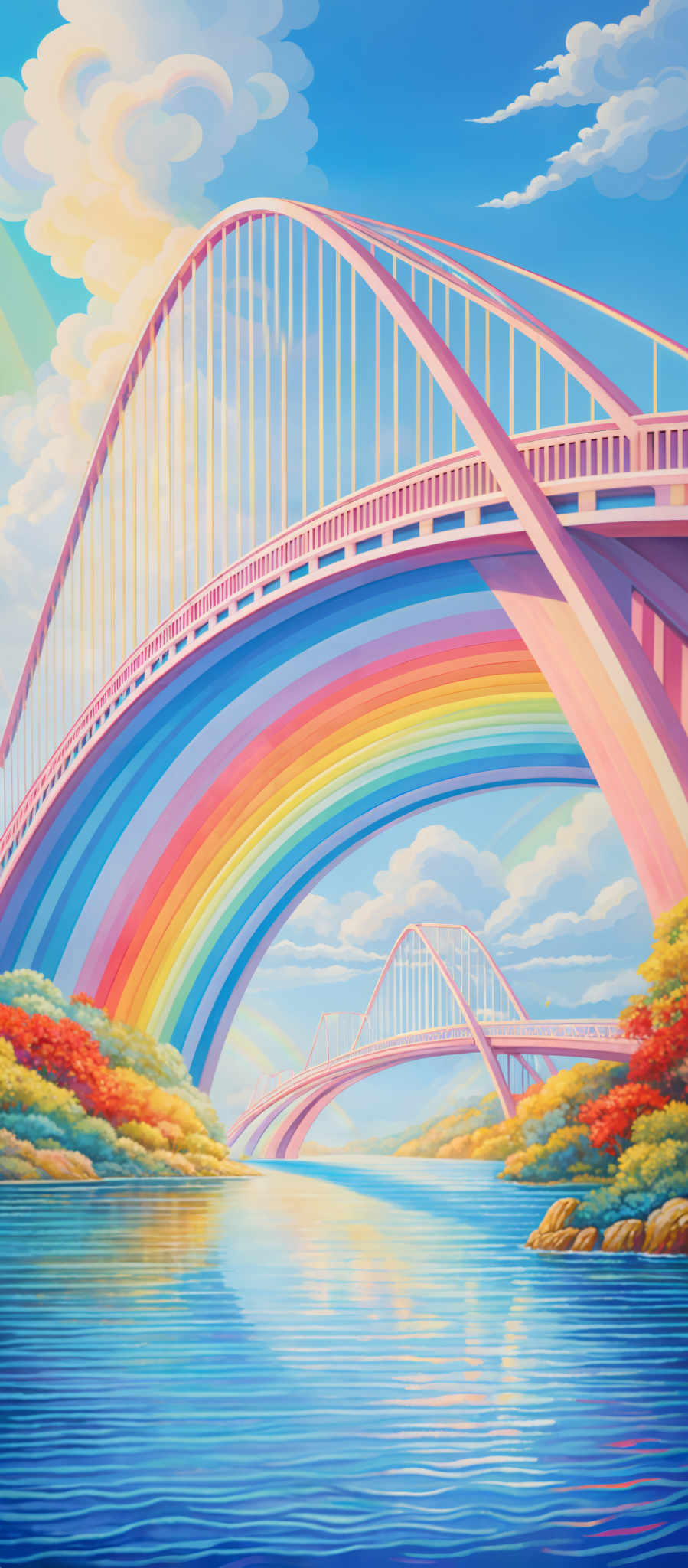 The image showcases a vibrant and colorful scene. Dominating the scene is a large, arching bridge with a pinkish hue. The bridge spans across a calm body of water, reflecting the bridge and the surrounding scenery. Above the bridge, the sky is painted in shades of blue with fluffy white clouds. A breathtaking rainbow arcs across the sky, transitioning through a spectrum of colors including red, orange, yellow, green, blue, indigo, and violet. The landscape surrounding the water features lush green trees and bushes with autumnal hues of red and orange. The entire scene exudes a sense of serenity and wonder.