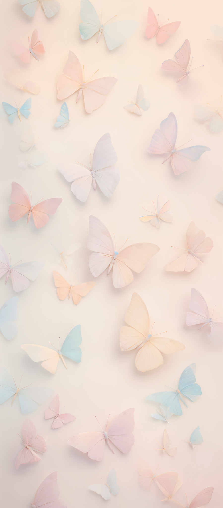 The image showcases a collection of delicate butterflies. They are displayed against a soft, pastel-colored background. The butterfly wings exhibit a variety of pastel shades, including light blues, pinks, and creams. The wings are translucent, allowing one to see the intricate vein patterns beneath. The overall ambiance of the image is serene and ethereal, evoking feelings of calm and wonder.