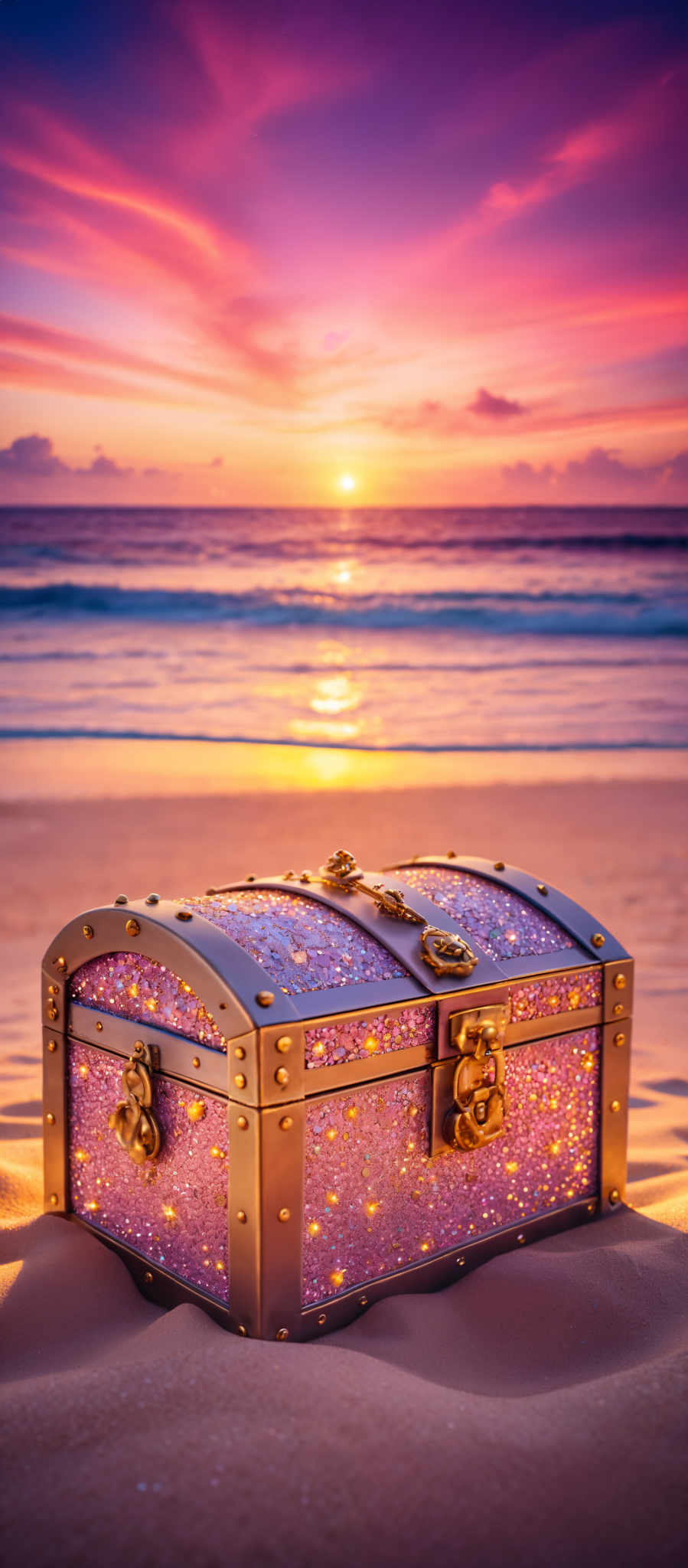 The image showcases a shimmering pink and gold treasure chest placed on a sandy beach. The chest is adorned with sparkling sequins and has ornate gold details, including two latches and two handles. The background displays a breathtaking sunset over the ocean, with hues of pink, purple, and gold blending into the horizon. The waves gently crash onto the shore, and the sky is painted with streaks of clouds reflecting the sun's golden light.