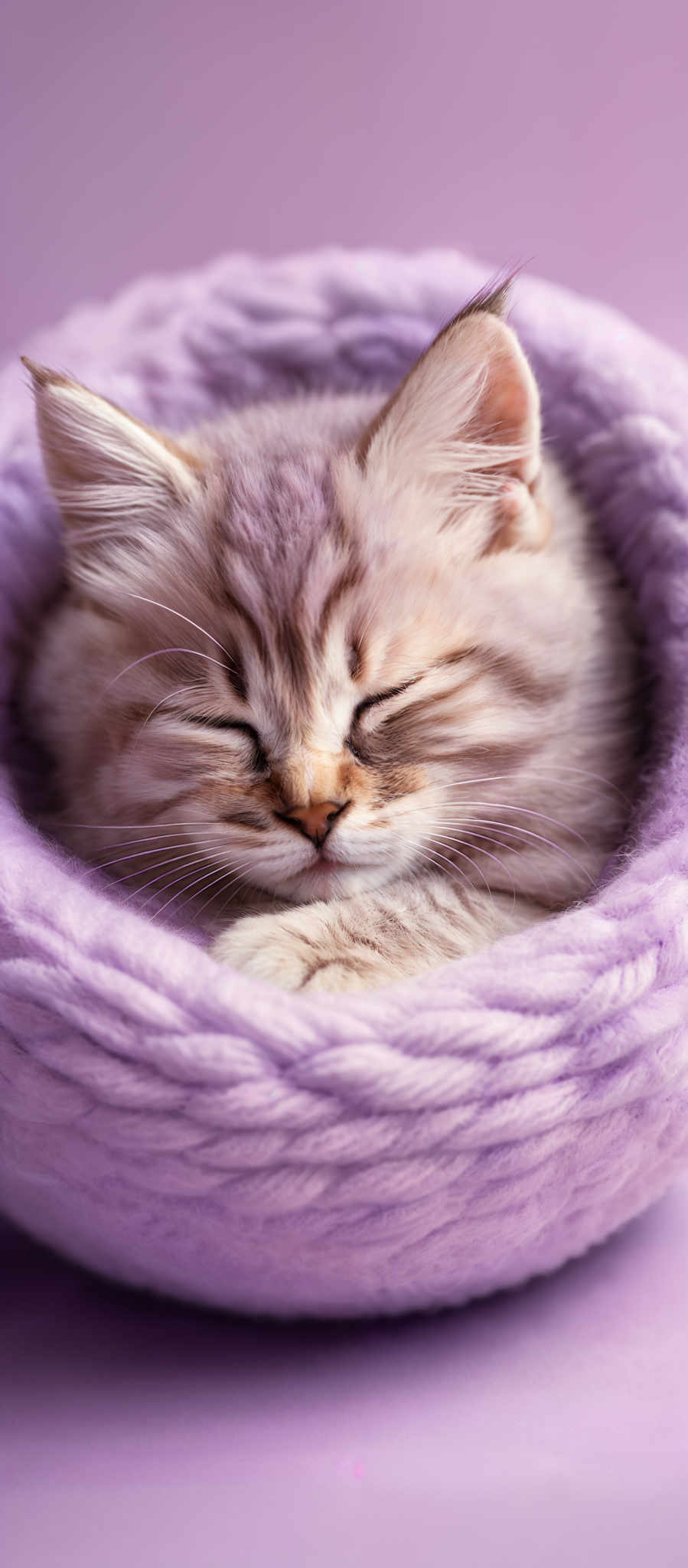 The image showcases a kitten with a soft, fluffy coat in shades of light brown and cream. The kitten is nestled within a coiled, purple yarn or fabric, which forms a snug, circular bed. The background is a muted shade of purple, complementing the kitten's color and the yarn's hue. The overall ambiance of the image is warm, comforting, and serene.