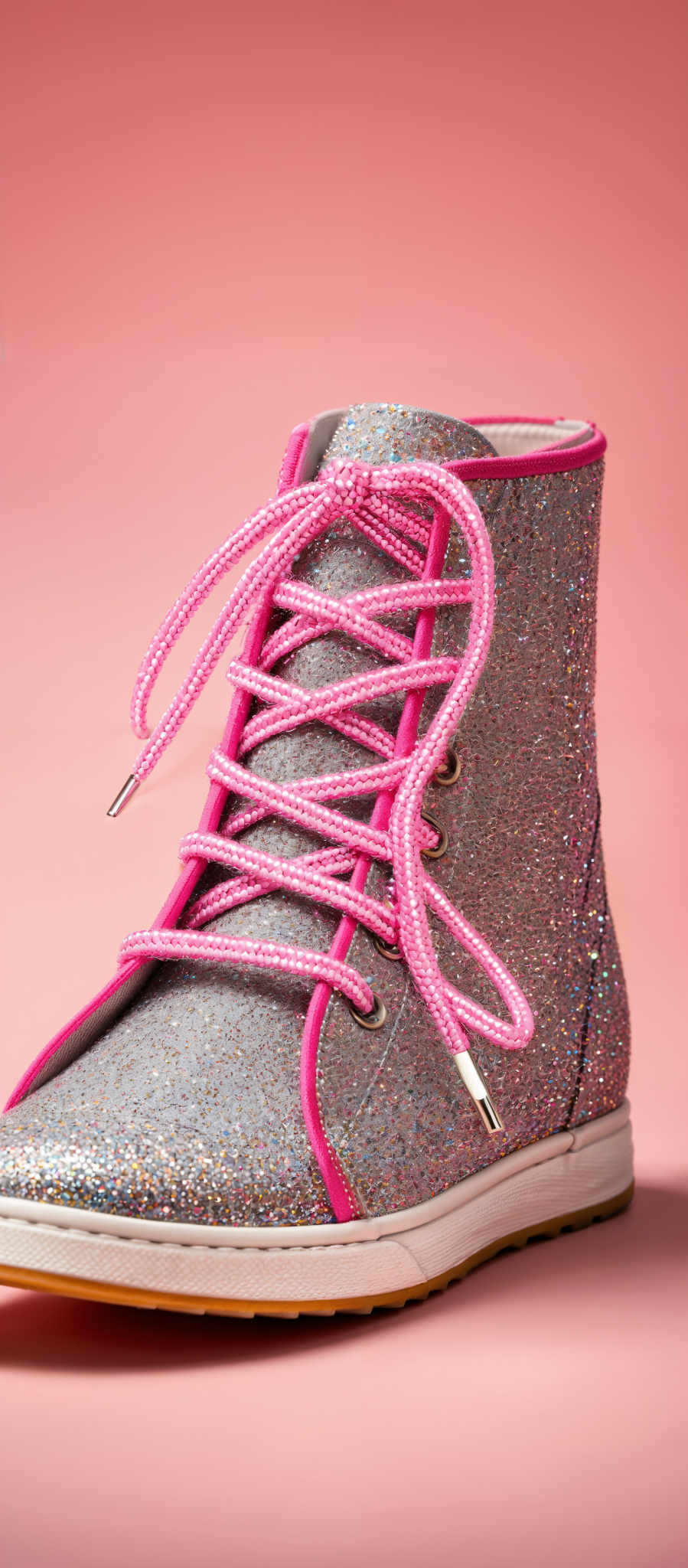 The image showcases a shoe, specifically a sneaker or high-top boot, adorned with a glittery, sparkly texture. The predominant colors of the shoe are silver and pink. The shoe features a pink lace that crisscrosses over the top, and the sole appears to be white with a slight yellowish tint. The background is a solid pink color, which contrasts with the shimmering shoe and accentuates its details.