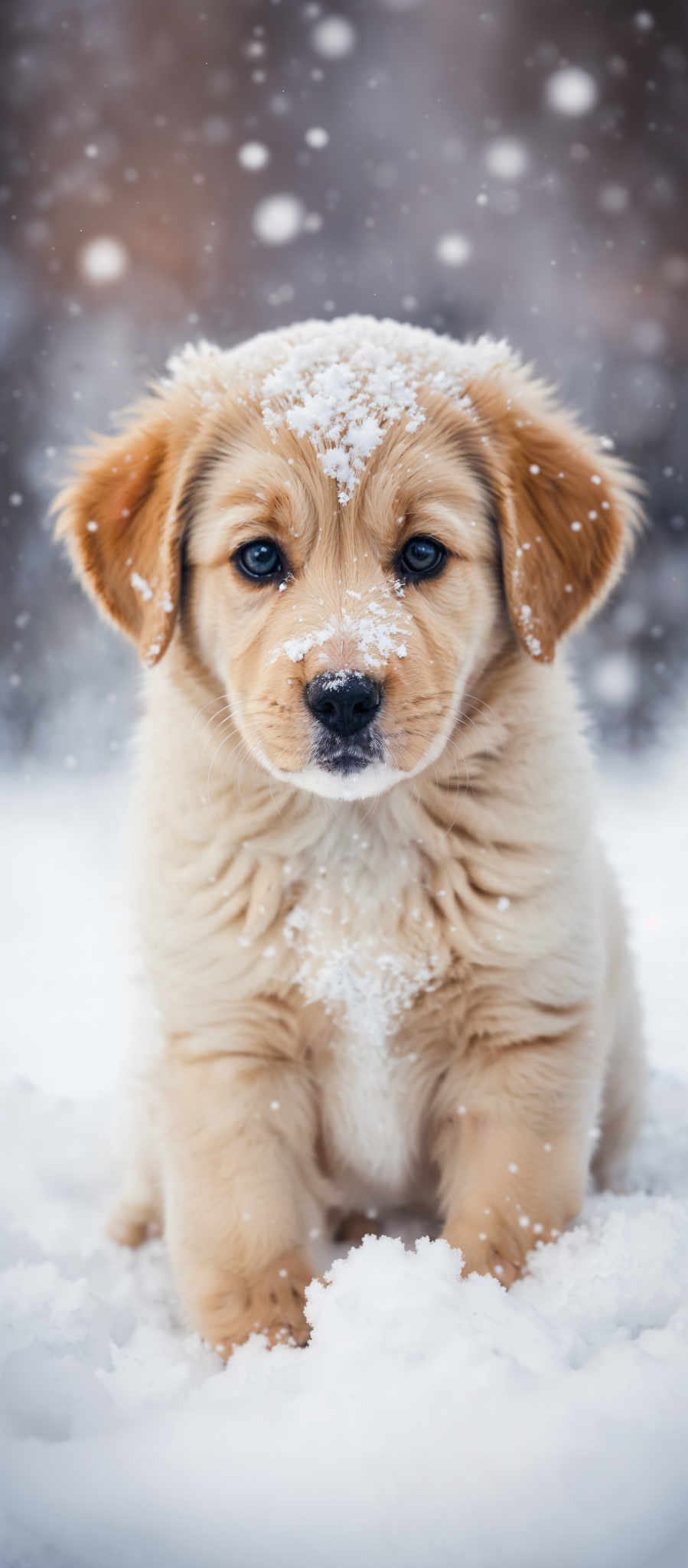 The image showcases a golden-colored puppy with a fluffy coat. The puppy has a distinctive marking of snow on its forehead and nose. The background is filled with falling snowflakes, creating a serene winter atmosphere. The overall color palette is dominated by whites and soft browns, giving a warm yet chilly feel to the scene.