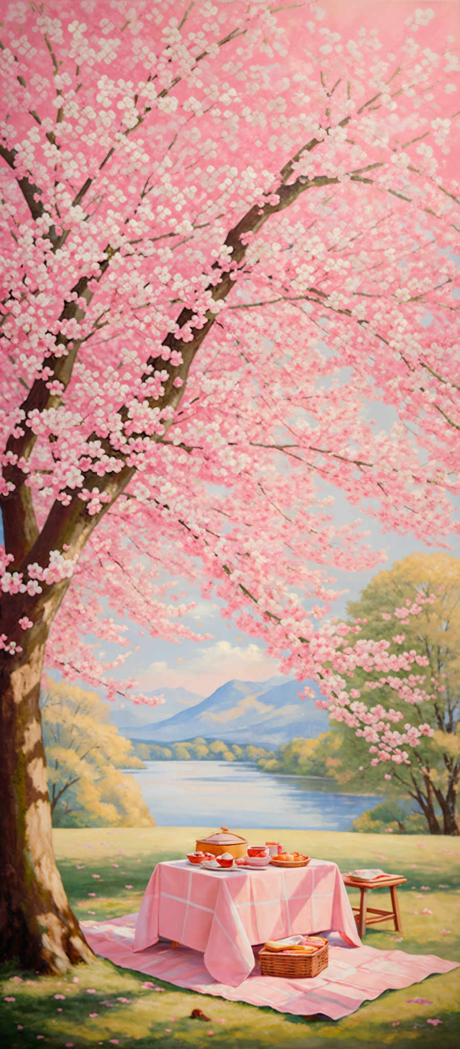 The image showcases a serene landscape with a large tree in full bloom, its branches covered in pink blossoms. Below the tree, there's a picnic setup with a pink tablecloth, a basket, and some food items. The table is set against a backdrop of a calm lake, with distant mountains on the horizon. The sky is clear with a hint of blue, and the ground is covered in green grass.