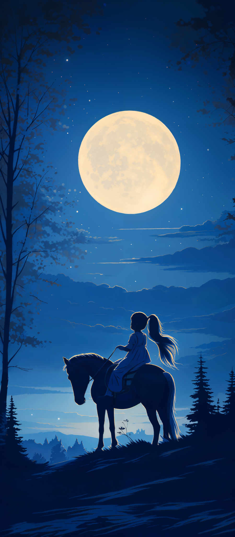 The image predominantly features shades of blue, from deep navy to lighter hues. The moon is a large, round, and bright yellowish-white, casting a soft glow over the scene. The sky is dotted with stars, adding to the serene ambiance. The landscape consists of tall trees on the left and right, with their branches extending outwards. In the foreground, there's a silhouette of a girl with long flowing hair, riding a horse. The girl is wearing a dress, and the horse appears to be standing still, looking towards the horizon. The ground is covered with grass, and there are some distant trees and a body of water visible in the distance.