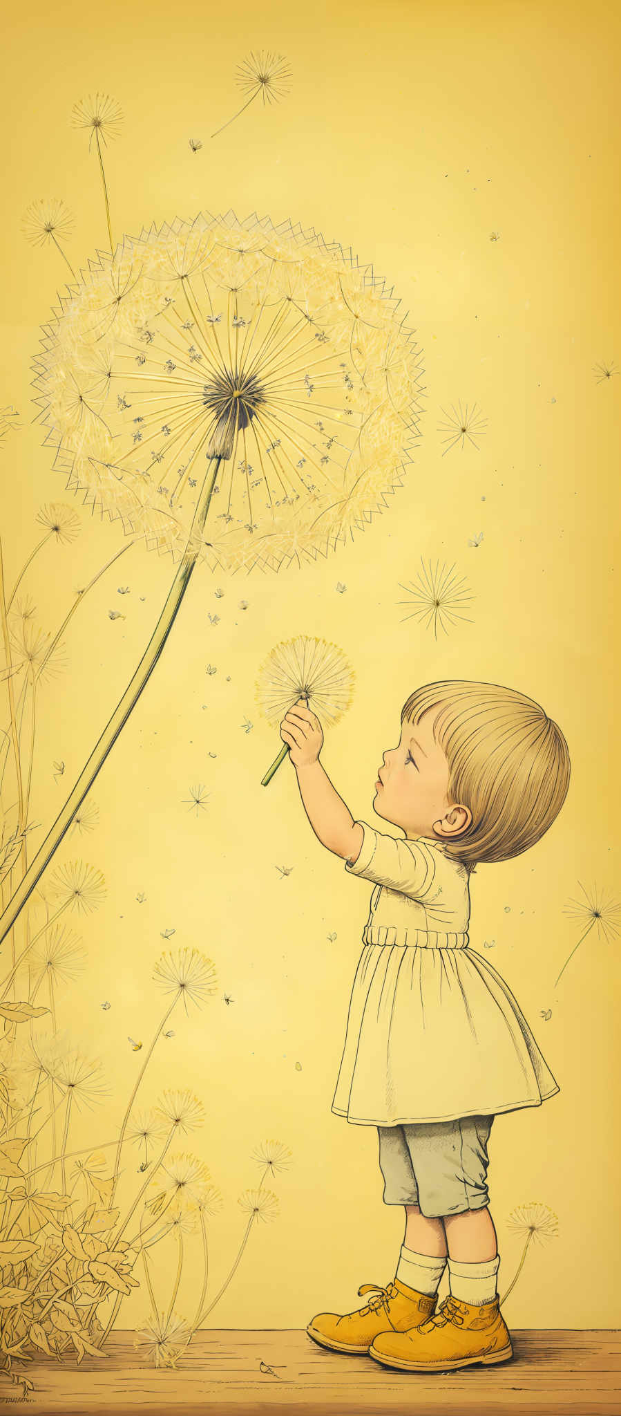 The image predominantly features a warm yellow background. The main focus is on a large dandelion with its seeds dispersing. A young child, dressed in a white dress and blue shorts, is seen holding a dandelfly close to their face. The child's shoes are bright yellow, matching the background. There are smaller dandelia seed heads scattered around, and the child' s fingers are touching one of them. The overall mood of the image is serene and whimsical.