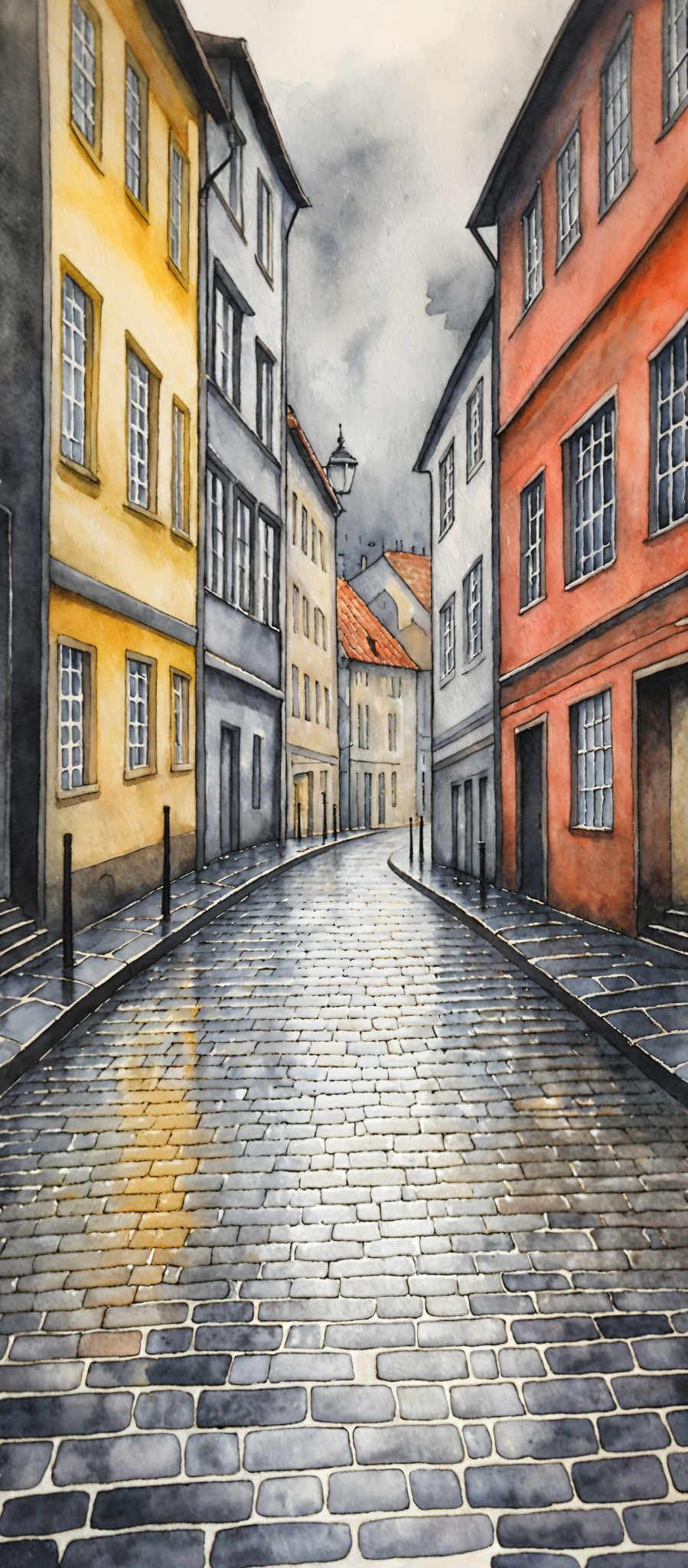 The image showcases a vibrant and detailed watercolor painting of a cobblestone street. On either side of the street, there are multi-storied buildings with a European architectural style. The buildings are painted in various colors: yellow, red, and gray. The cobbled street reflects the colors of the buildings and the sky, creating a mirrored effect. The sky above is overcast with a grayish hue, suggesting a cloudy or rainy day. The overall mood of the painting is serene and nostalgic.