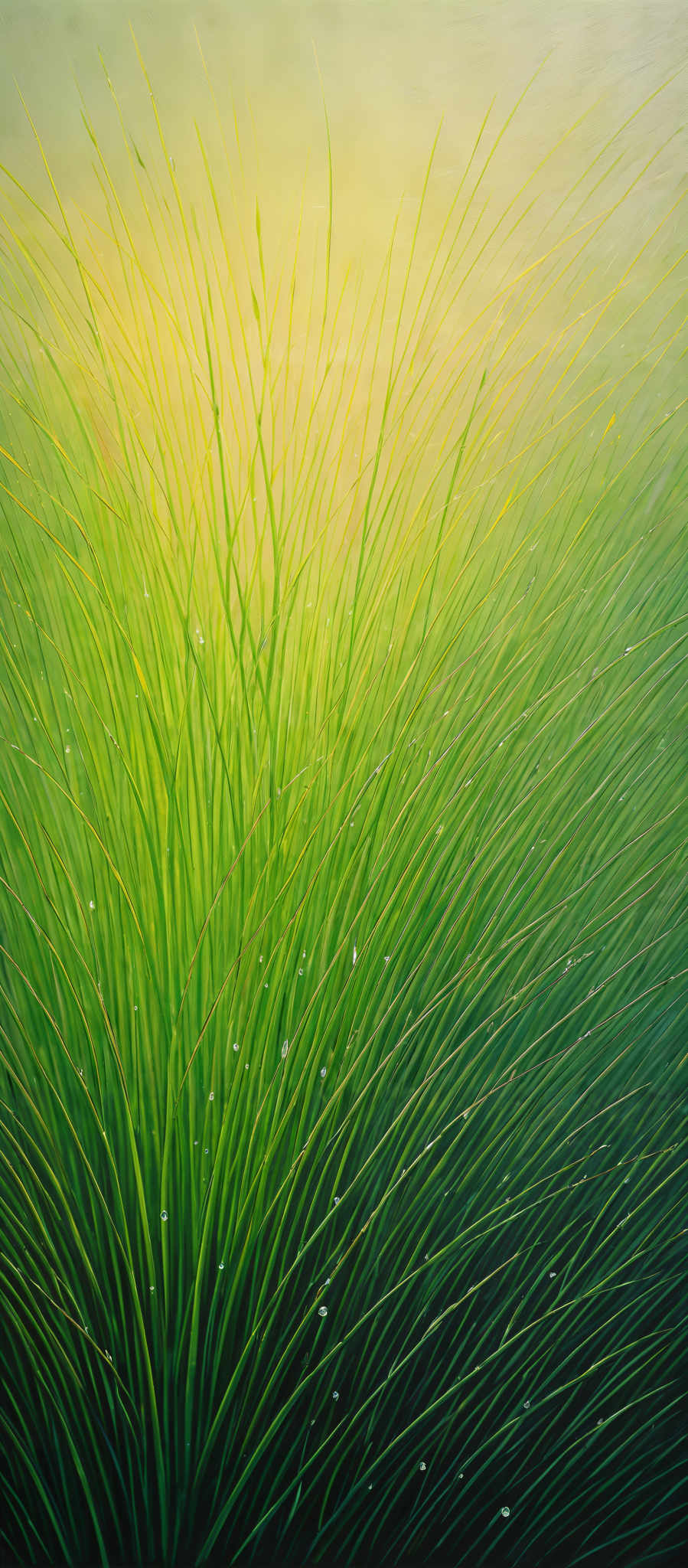 The image showcases a vibrant and detailed depiction of grass or a similar plant. The grass is predominantly green with hints of yellow, indicating a possible change in season or the reflection of sunlight. The strands of the grass are elongated and appear to be swaying, giving a sense of movement. There are also tiny droplets of water or dew scattered throughout the grass, reflecting light and adding to the overall freshness of the scene.