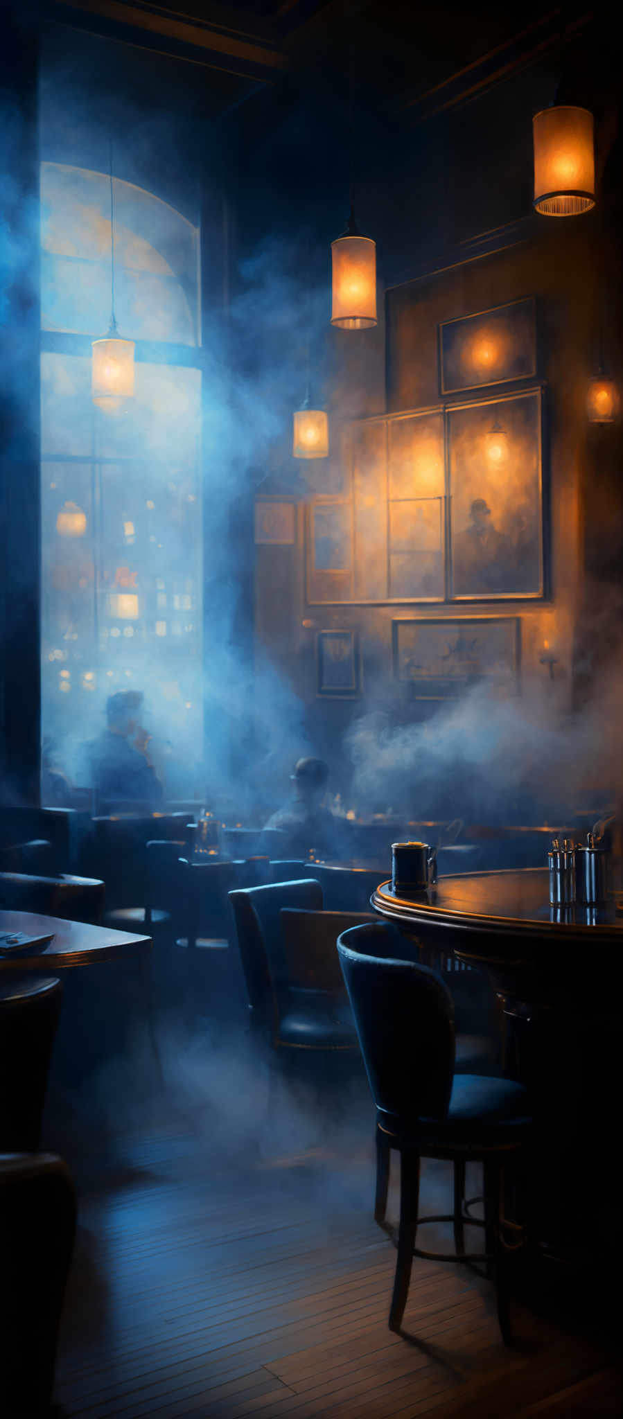 The image predominantly features a moody and atmospheric setting with a rich palette of dark blues and warm oranges. The room is filled with a misty haze, giving it a mysterious ambiance. The ceiling is adorned with hanging lamps that emit a soft glow. The walls are decorated with framed artworks and photographs, adding to the vintage feel of the place. There's a large window on the left, through which the cityscape is faintly visible. The furniture consists of dark leather chairs and tables, with a central round table having a cup and saucer on it.