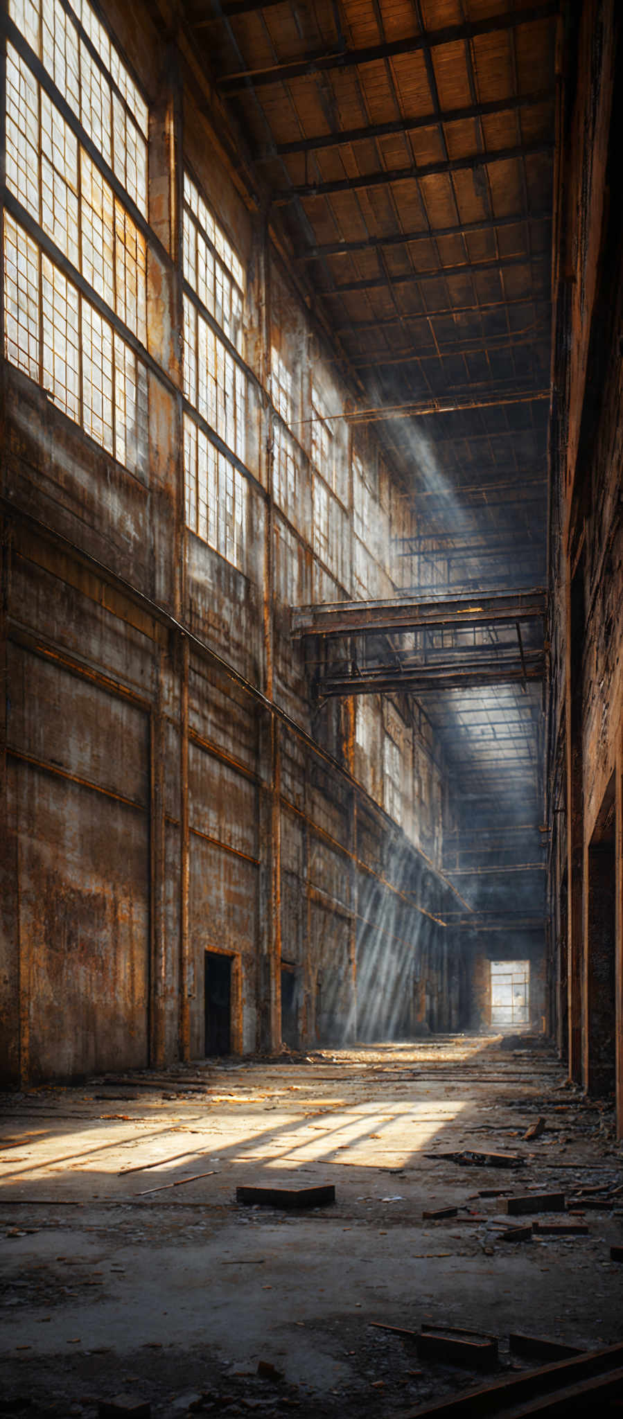 The image showcases an expansive, abandoned industrial space. The dominant colors are shades of brown, rust, and gray, indicative of age, decay, and neglect. The space is characterized by tall, narrow windows with large panes, allowing sunlight to stream in and cast long shadows on the floor. The ceiling is high and appears to be made of metal, with beams and supports visible. The walls are made of brick or concrete, showing signs of wear and tear. Debris, such as broken bricks and wooden planks, is scattered on the ground. The overall atmosphere is one of desolation and abandonment.