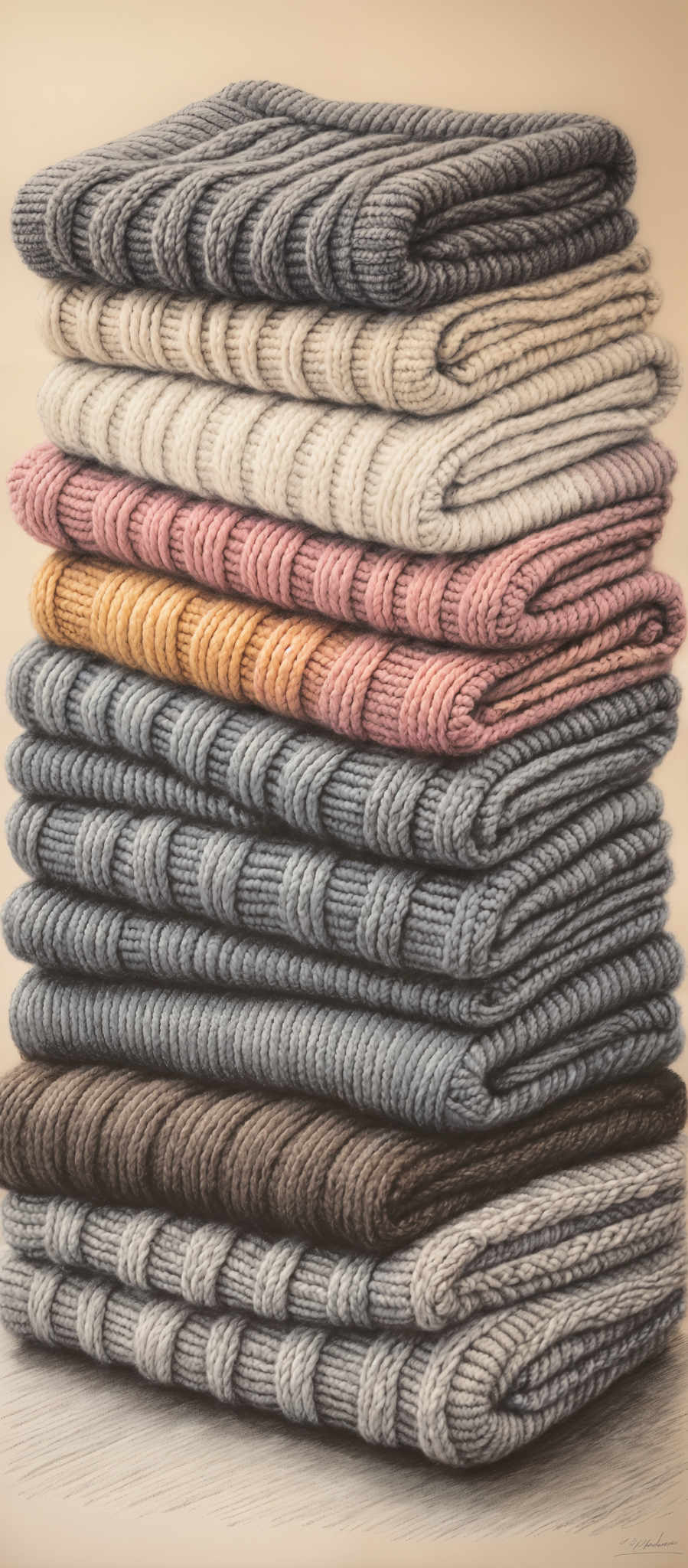 The image showcases a stack of folded knitted items, possibly blankets or scarves. They are folded in a way that displays their ribbed patterns. The colors of the items range from dark gray to light beige, with some having a hint of pink, orange, and blue. The knitting technique appears to be a ribbed pattern, with the yarn creating a textured, wavy pattern on the fabric.