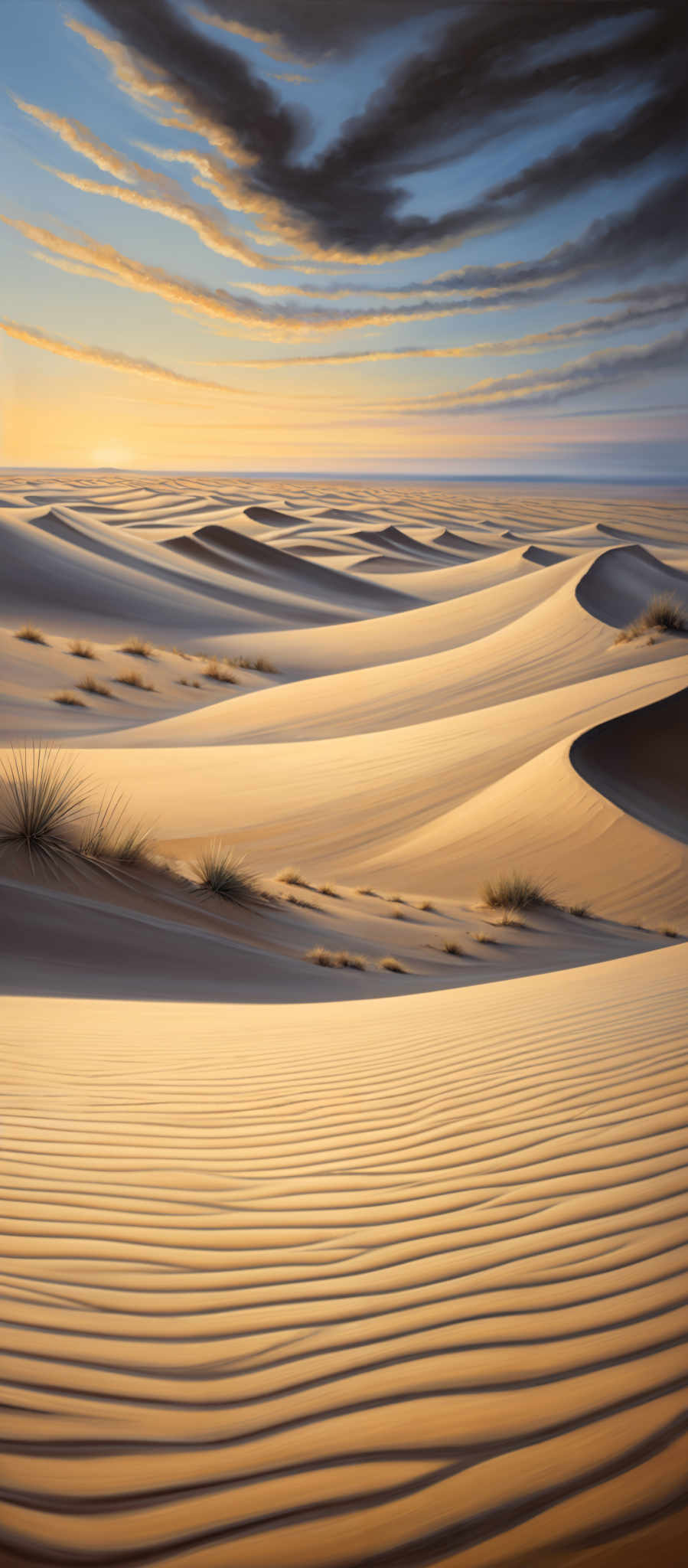 The image showcases a vast desert landscape with rolling sand dunes. The dunes have a smooth texture with ripples, possibly caused by the wind. The color palette is dominated by warm golden and beige tones, representing the sand, contrasted with patches of green from sparse vegetation. Above, the sky is painted in hues of blue and orange, suggesting either a sunrise or sunset. The clouds are streaked with shades of blue, white, and a hint of gold, adding depth and dimension to the scene.