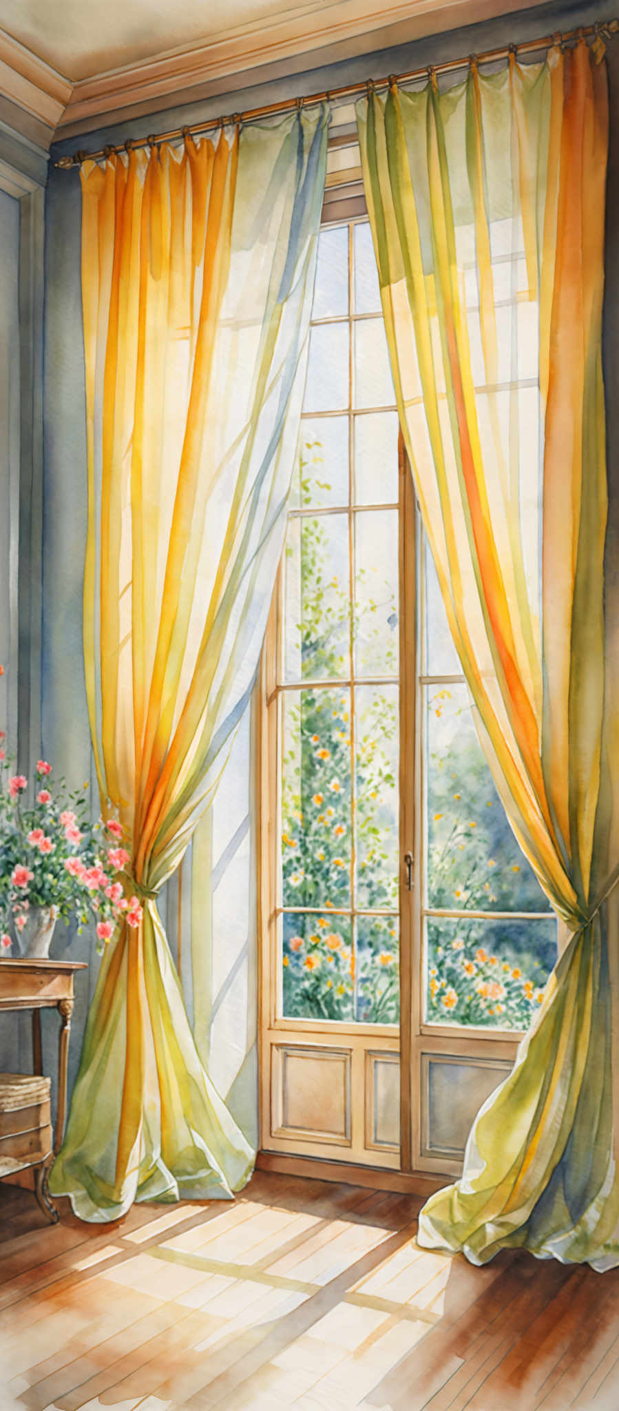 The image showcases a room with a large window that allows sunlight to pour in. The window is adorned with sheer, multicolored curtains that flow gracefully, transitioning from yellow to green. The curtain's folds create a play of light and shadow on the wooden floor below. To the left of the window, there's a wooden table with a vase containing pink flowers. The table is placed next to a chair with a woven seat. The walls are painted in a muted blue shade, and the overall ambiance of the room is serene and inviting.